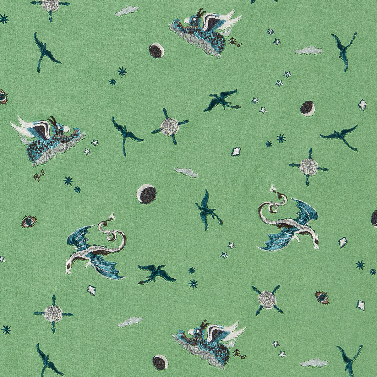 Draco Cosmos fabric in green embroidery color - pattern number F1751/01.CAC.0 - by Clarke And Clarke in the Mythica By Emma J Shipley For C&amp;C collection