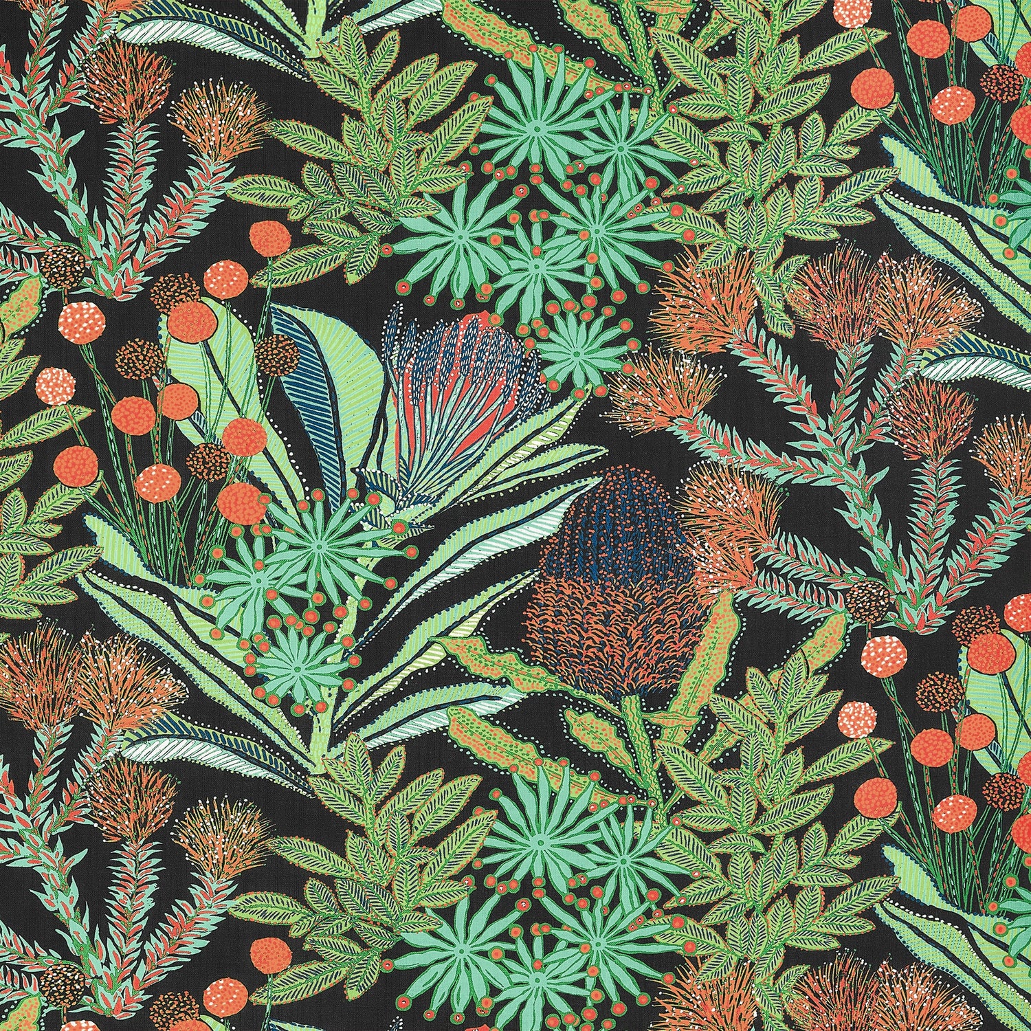 Protea Print fabric in black color - pattern number F81762 - by Thibaut in the Soleil collection