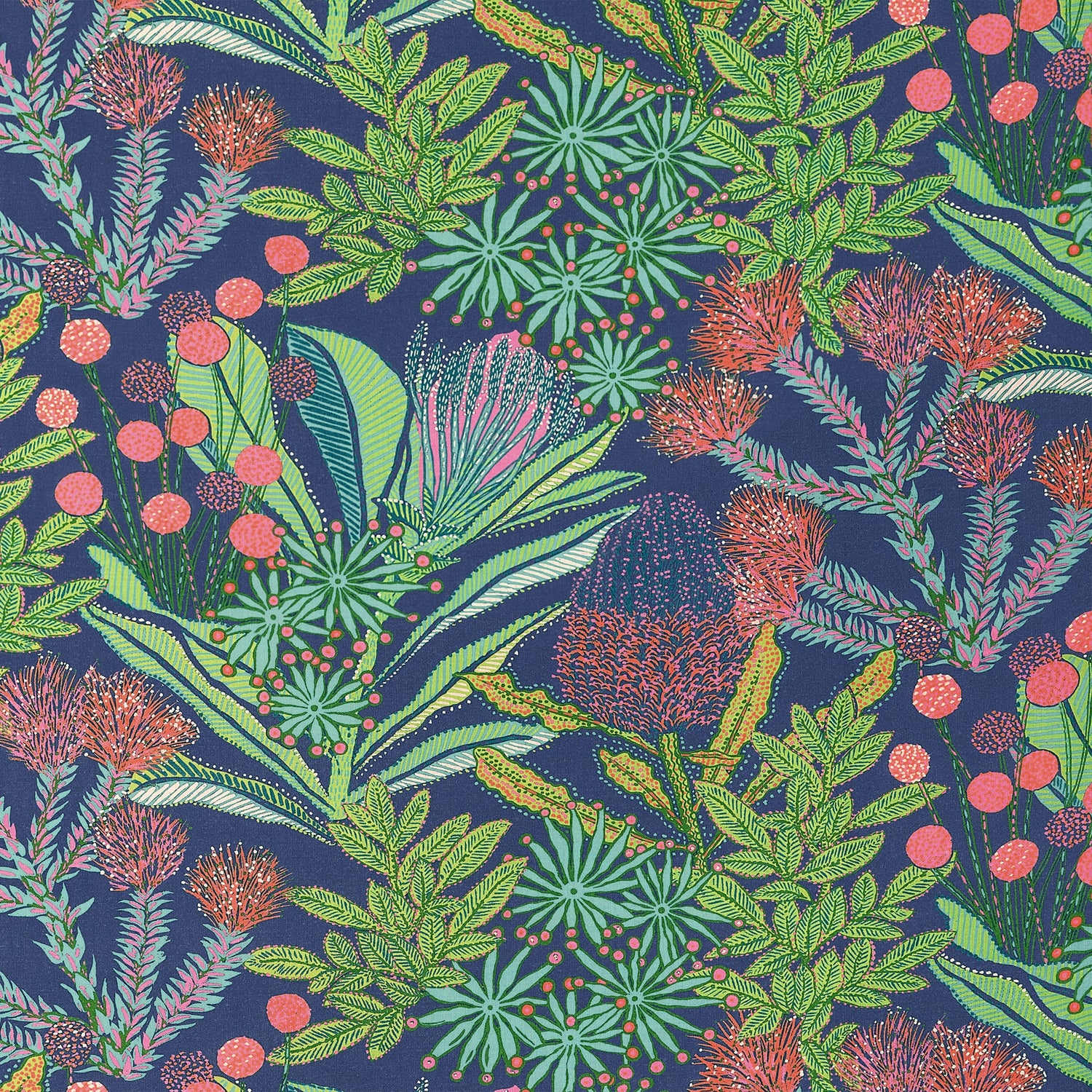 Protea Print fabric in navy color - pattern number F81764 - by Thibaut in the Soleil collection