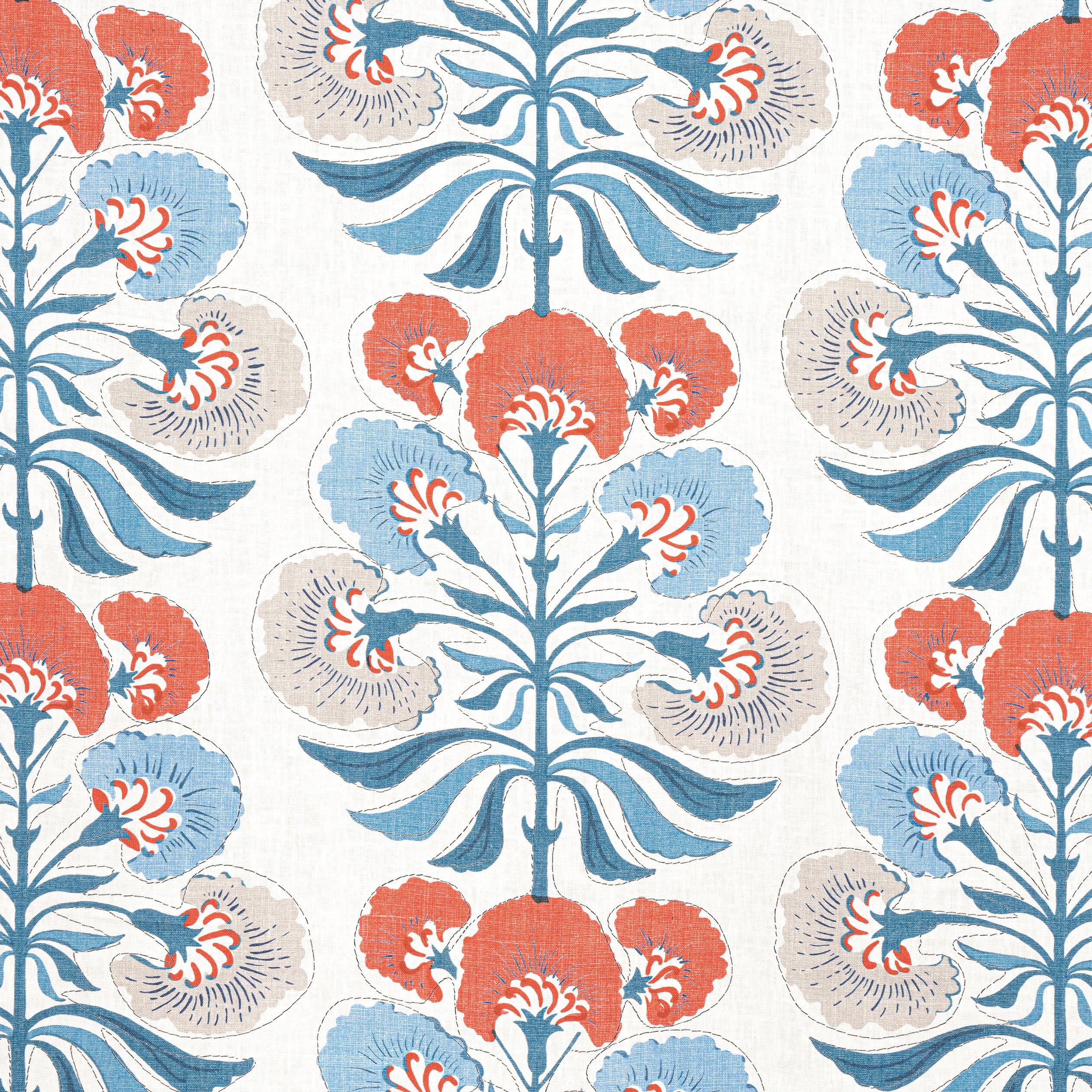 Tybee Tree fabric in french blue and coral color - pattern number F916213 - by Thibaut in the Kismet collection