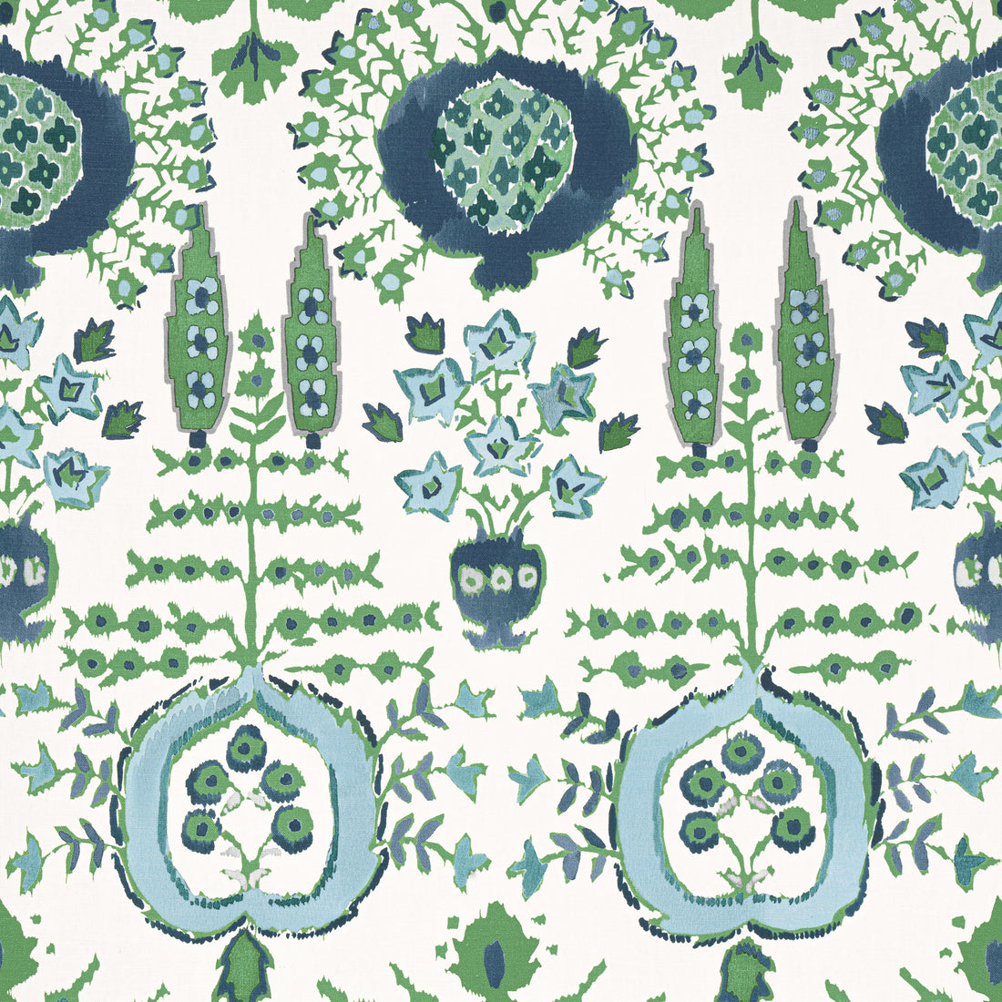 Mendoza Suzani fabric in blue and green on white color - pattern number F916240 - by Thibaut in the Kismet collection