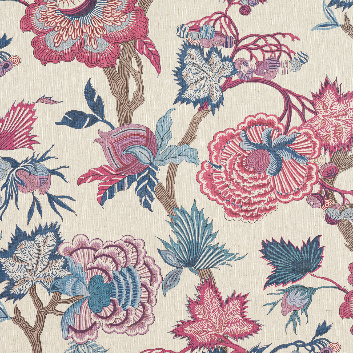 Indienne Jacobean fabric in raspberry and blue on natural color - pattern number F936419 - by Thibaut in the Indienne collection