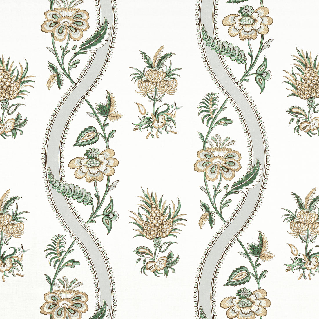 Ribbon Floral fabric in green color - pattern number F936421 - by Thibaut in the Indienne collection
