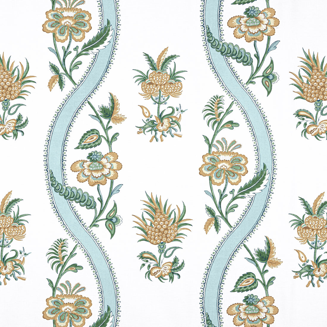 Ribbon Floral fabric in seaglass and gold color - pattern number F936422 - by Thibaut in the Indienne collection