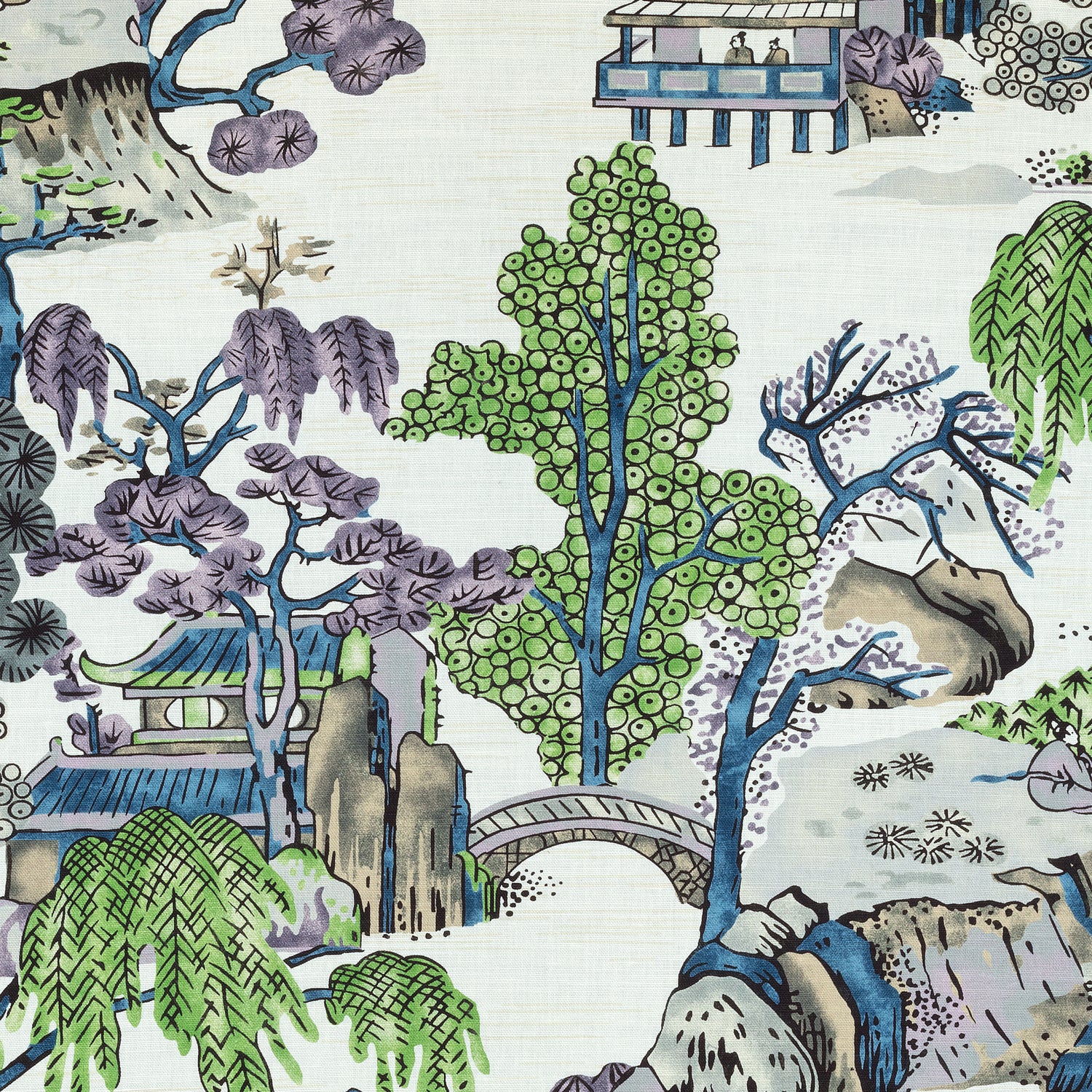 Asian Scenic Purple and Blue Fabric F975459 by Thibaut - Fabric World