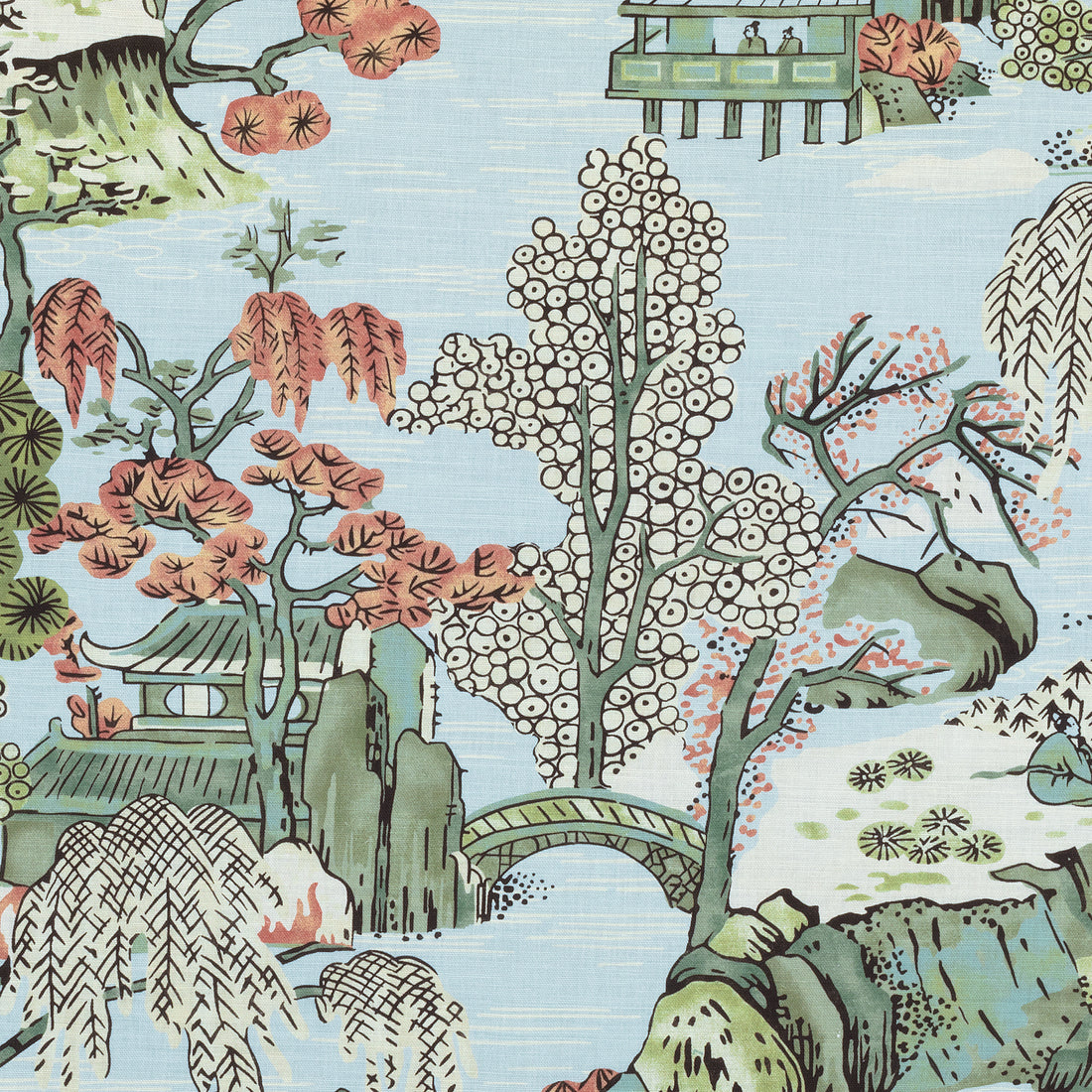 Asian Scenic fabric in robins egg color - pattern number F975460 - by Thibaut in the Dynasty collection