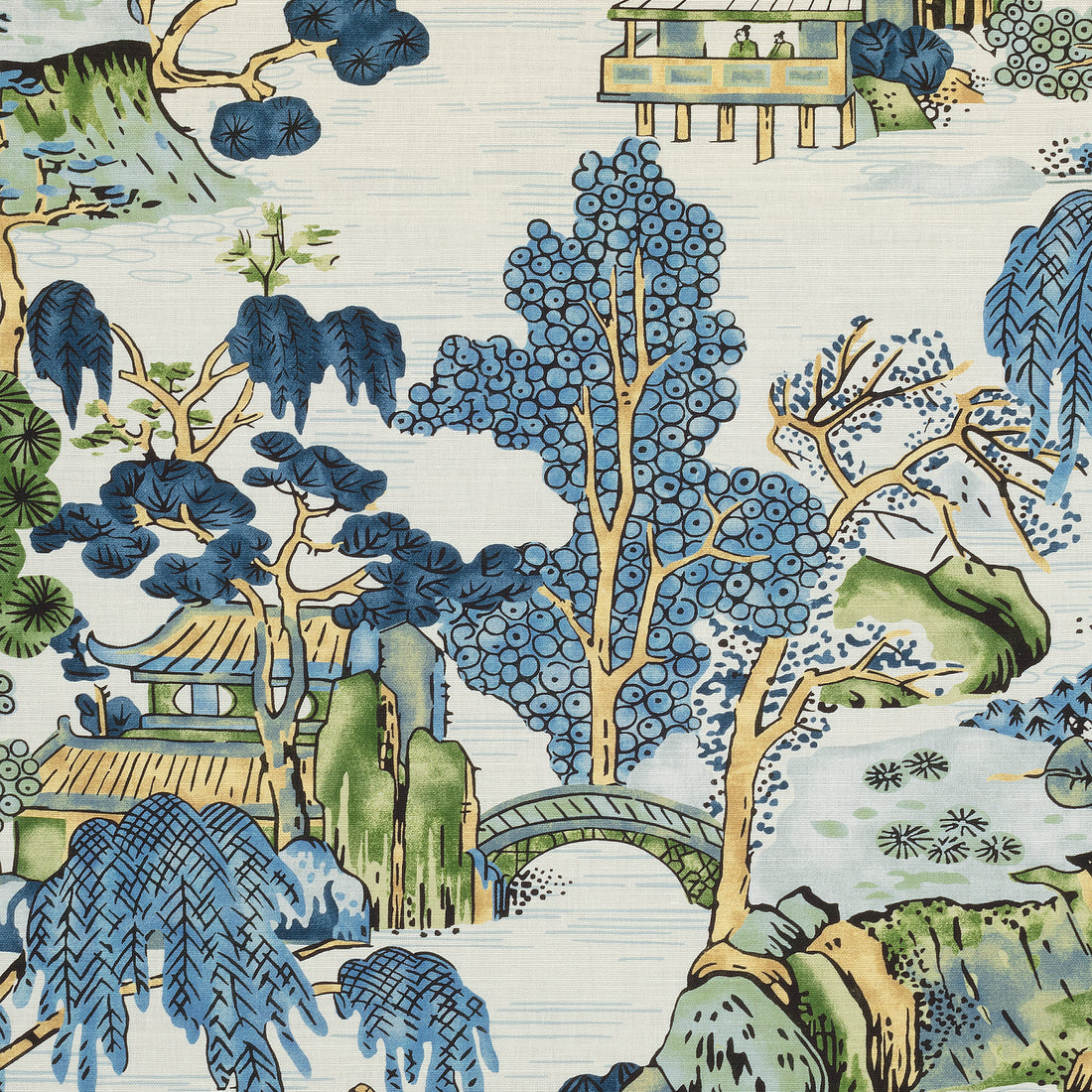 Asian Scenic fabric in blue and green color - pattern number F975462 - by Thibaut in the Dynasty collection