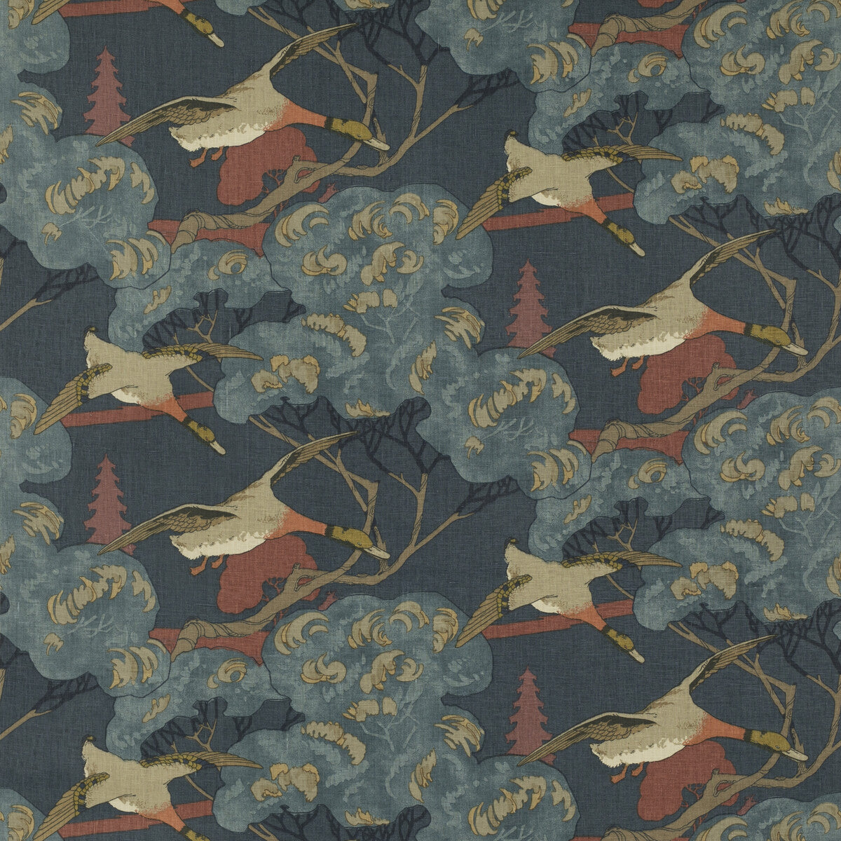 Flying Ducks fabric in red/blue color - pattern FD205.V110.0 - by Mulberry in the Icons Fabrics collection