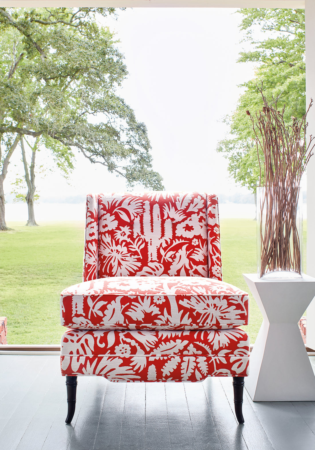 Bedford Chair in Botanica woven fabric in coral color - pattern number W74619 by Thibaut in the Festival collection
