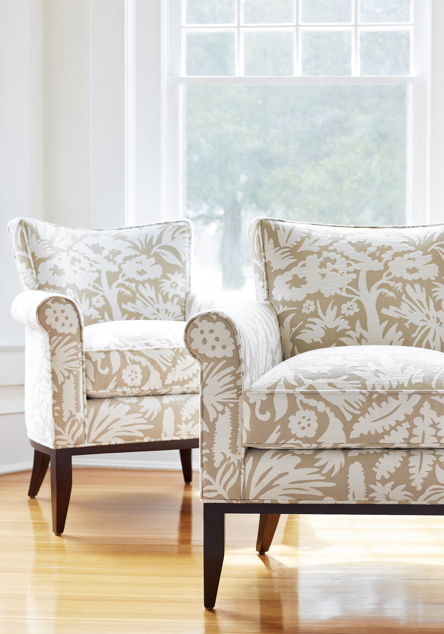 Winston Chairs in Botanica woven fabric in sand color - pattern number W74626 by Thibaut in the Festival collection