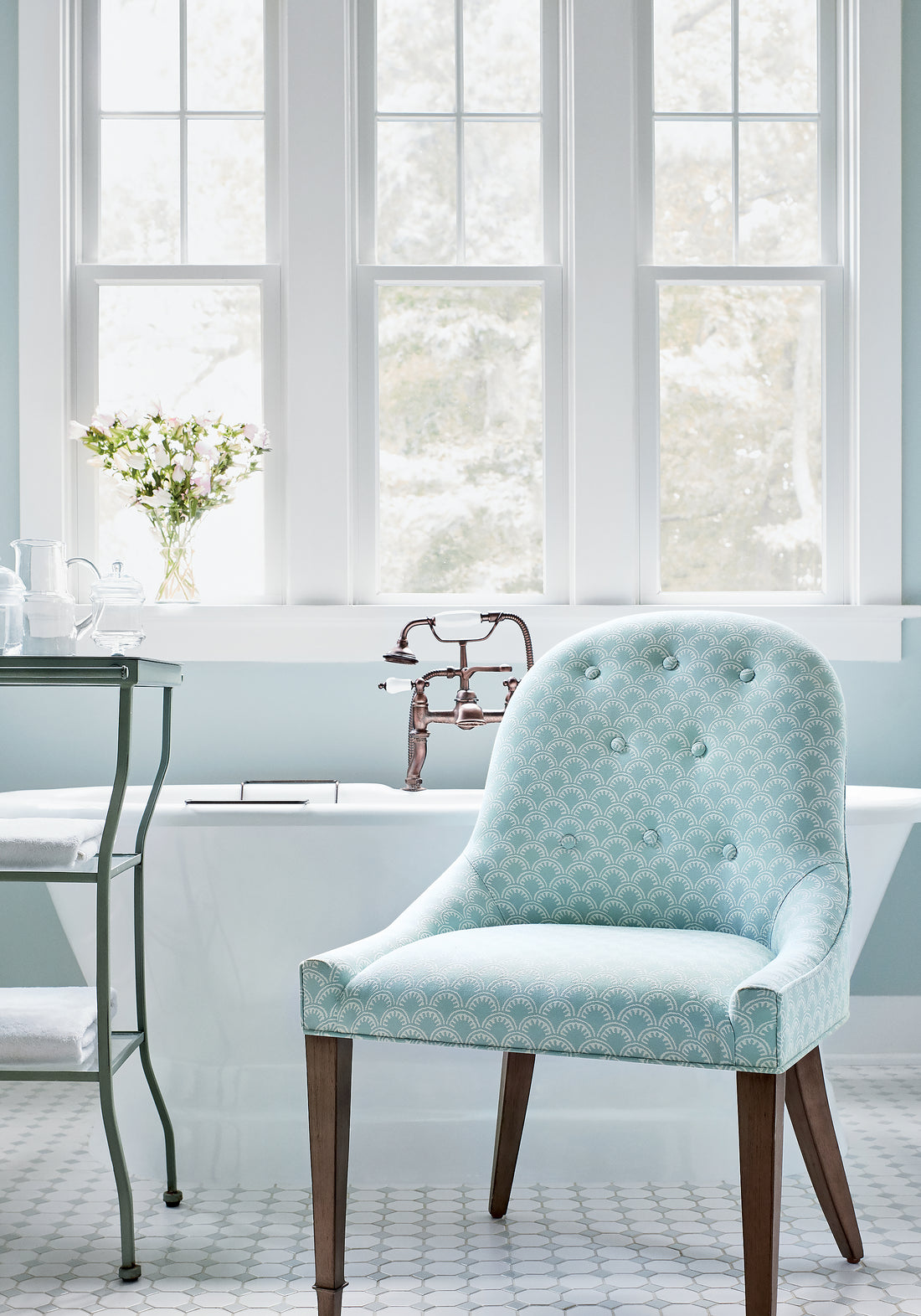 Melrose dining chair in Maisie woven stain resistant fabric in aqua color - pattern number W74642 by Thibaut in the Festival collection