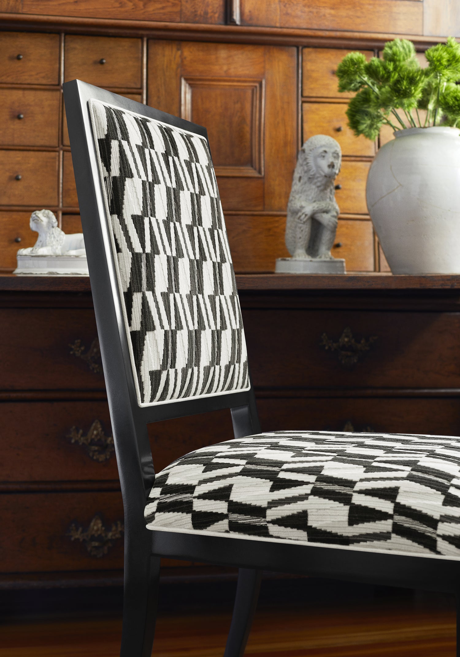 Detailed view of Lauderdale Dining Chair in Bossa Nova Velvet woven fabric in midnight color - pattern number W72813 by Thibaut in the Woven Resource Vol 13 Fusion Velvets collection