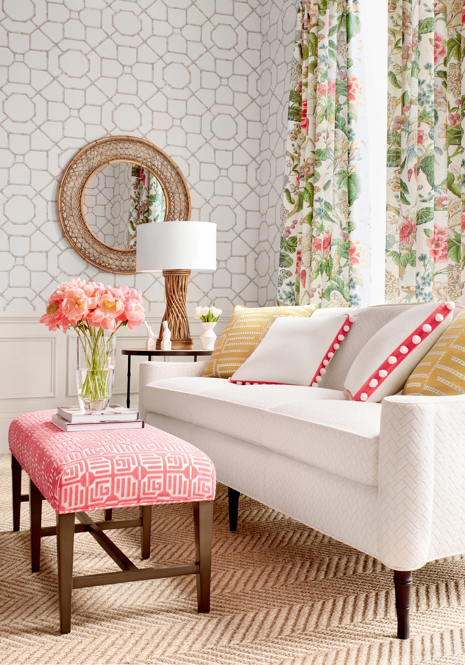 Addison Bench in Labyrinth Velvet woven fabric in Coral color by Thibaut fabrics