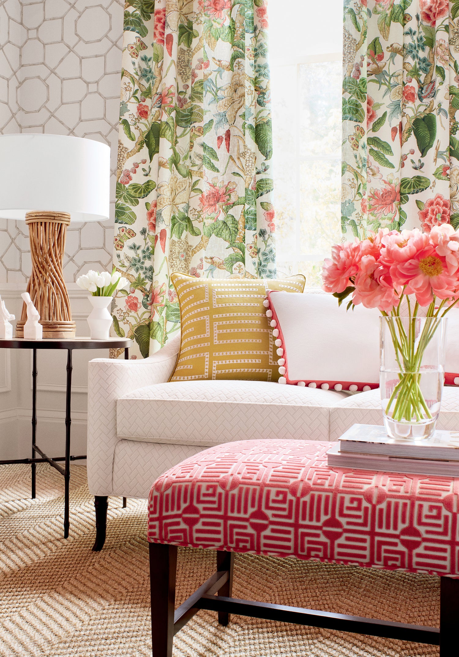Living room with Draperies in Thibaut Hill Garden printed fabric in Coral and Green color