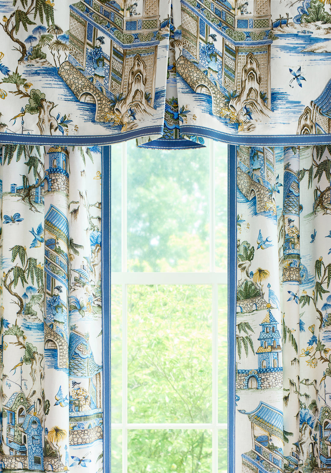 Drapery curtains made with Thibaut Grand Palace fabric in blue and green color - pattern number F913613