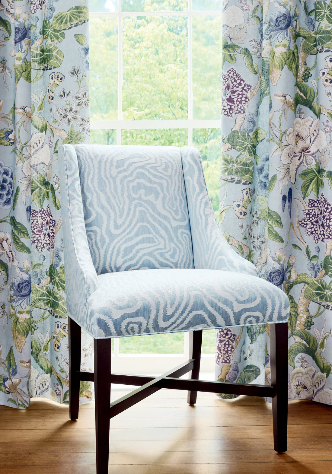 Drapery curtains made with Thibaut Hill Garden printed fabric in spa blue color pattern number F913654