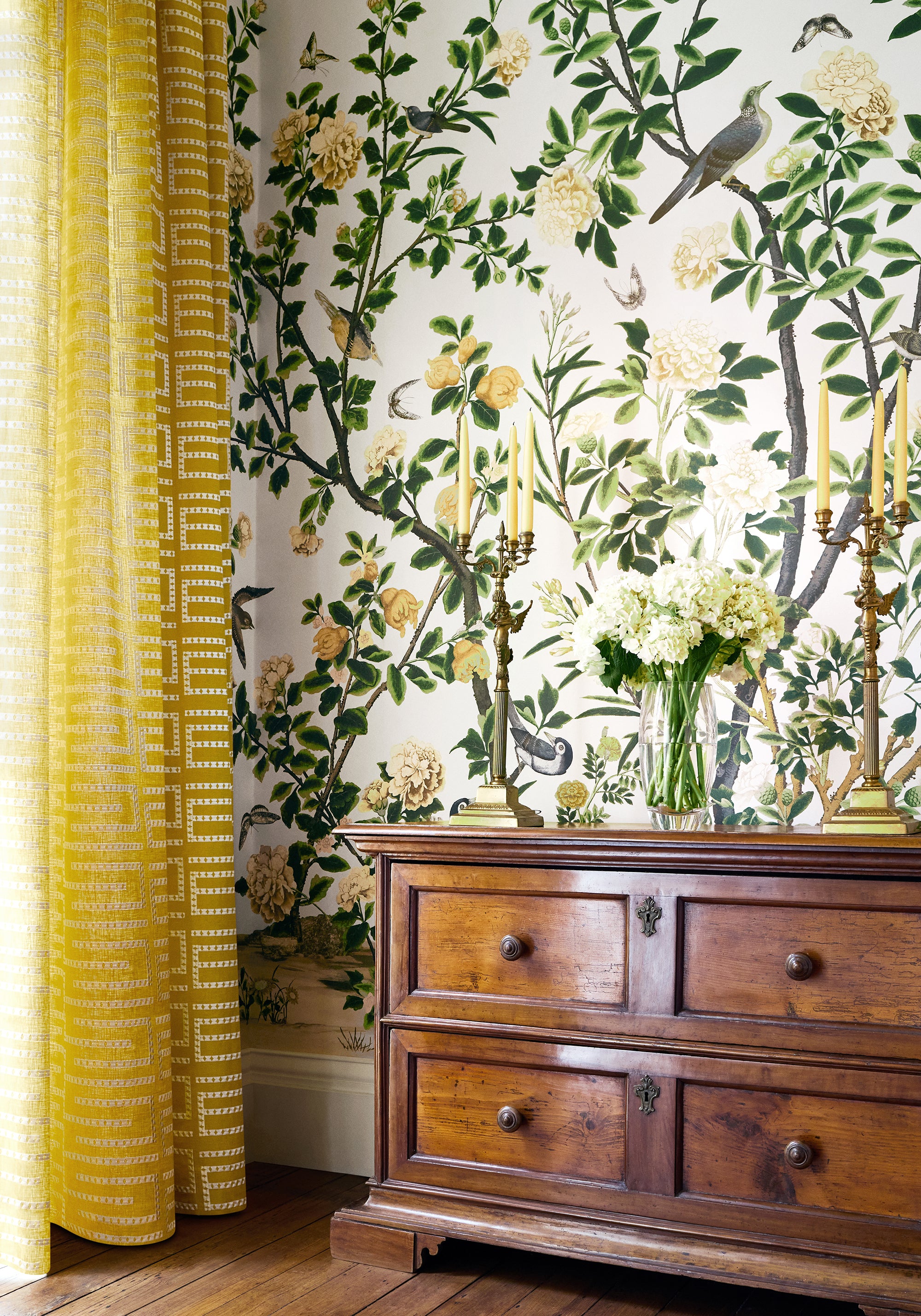 Curtains made with Thibaut Architect Embroidery woven fabric in harvest gold color - pattern number W713632