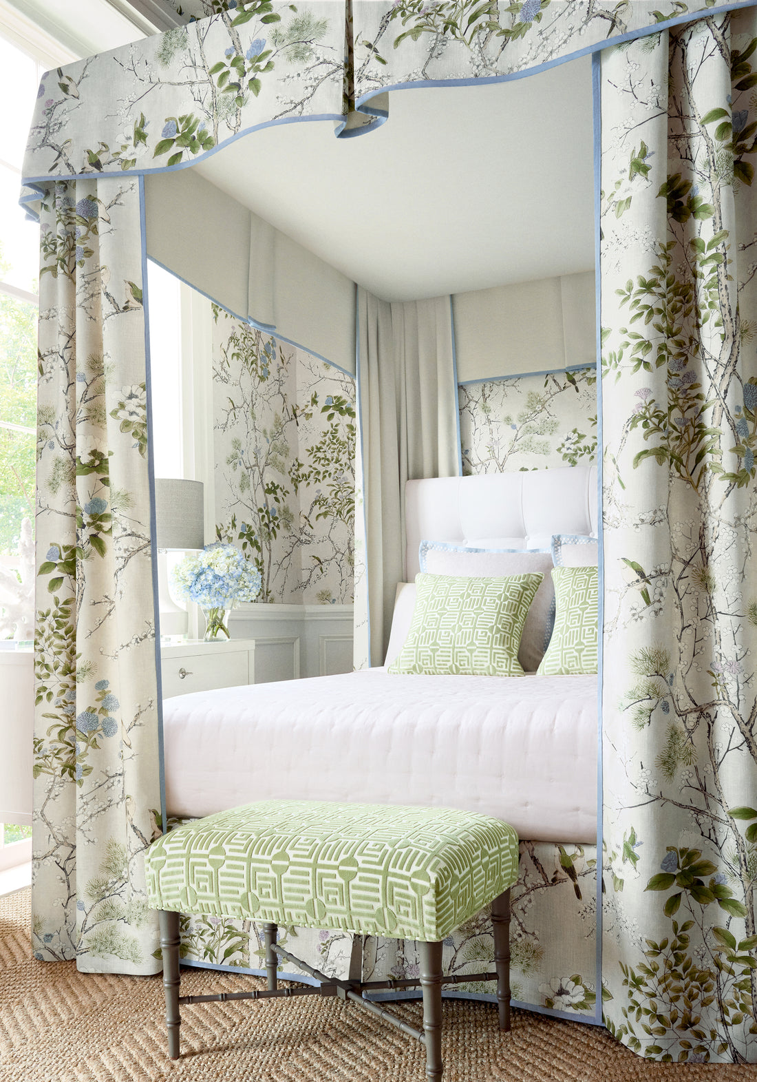 Bed canopy in Thibaut Katsura printed fabric in Cream and Lavender color