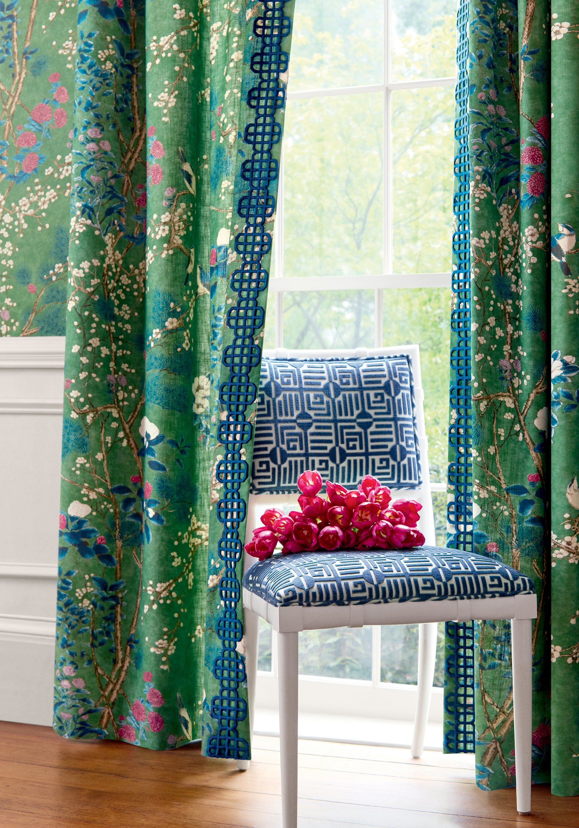 Draperies in Katsura printed fabric in Emerald with Fret Applique in Bermuda