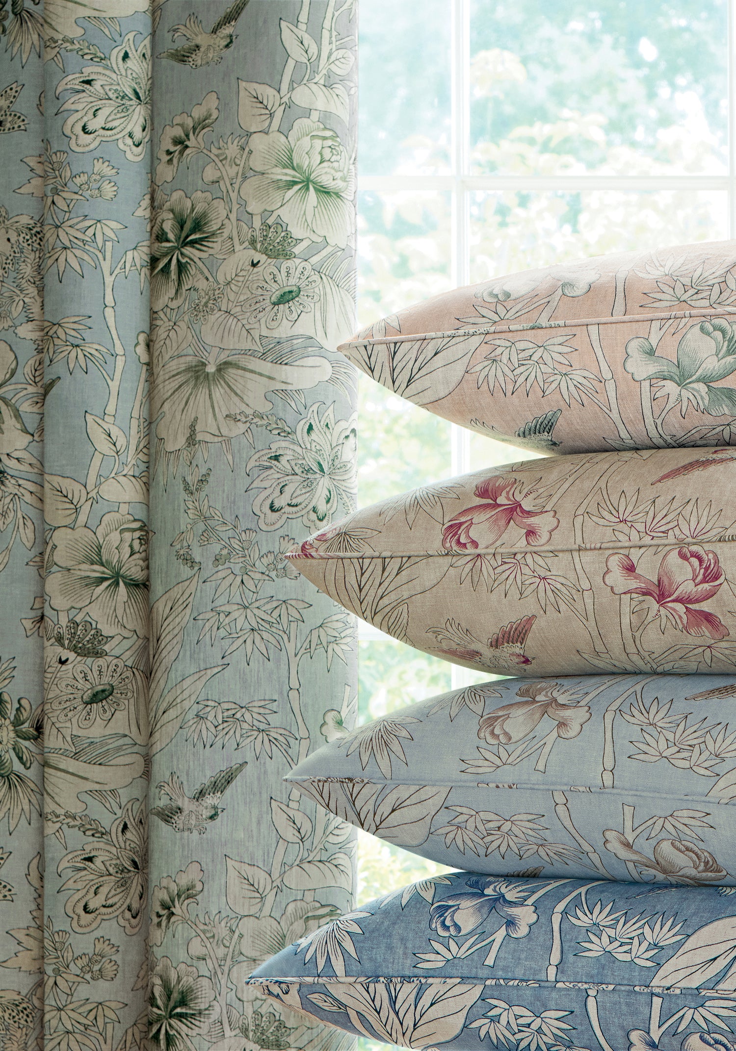 Curtains made with Thibaut Rosalind fabric in mist - pattern number F913603