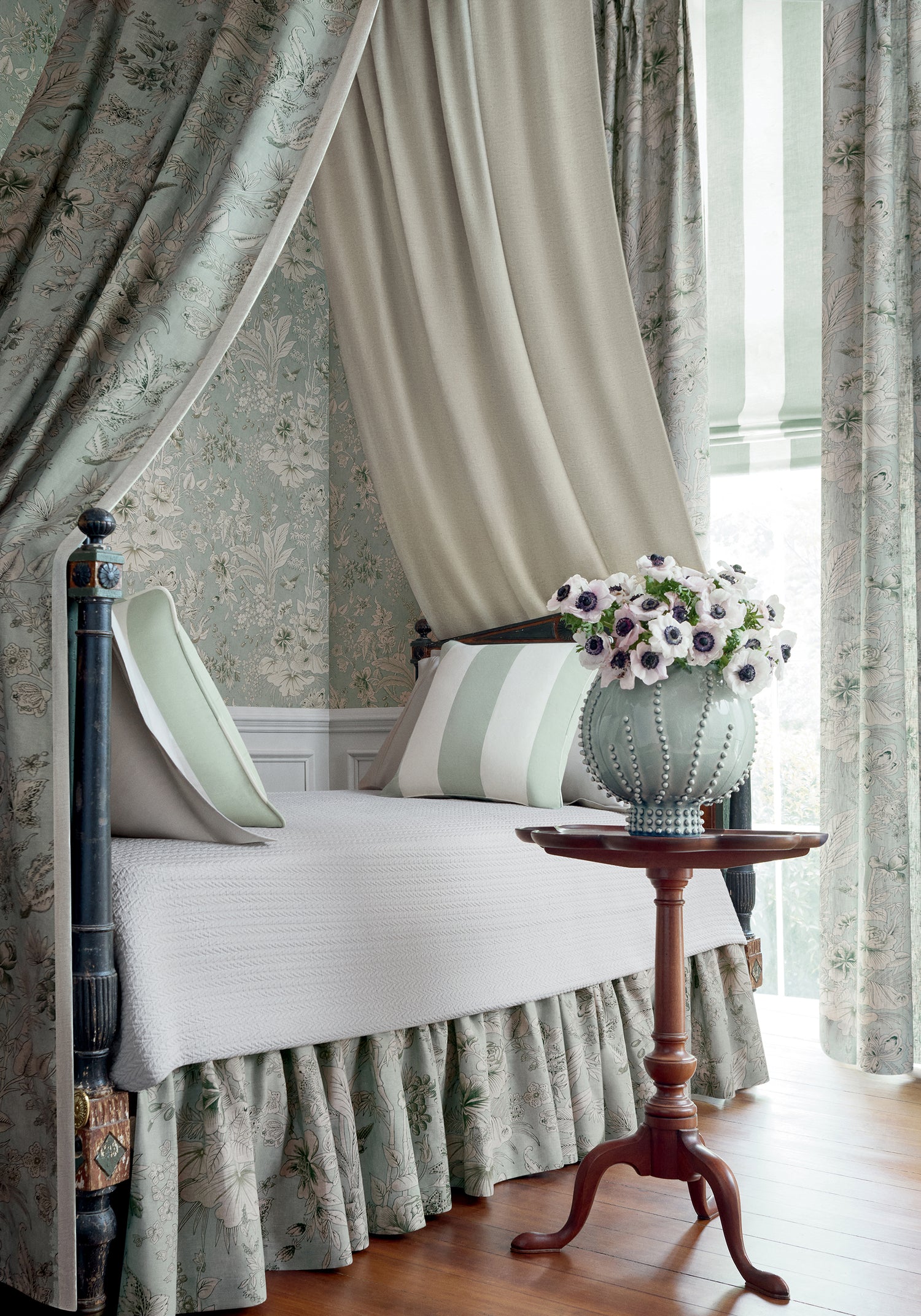 Draperies, bed canopy and skirt in Thibaut Rosalind printed fabric in Mist color pattern number F913603
