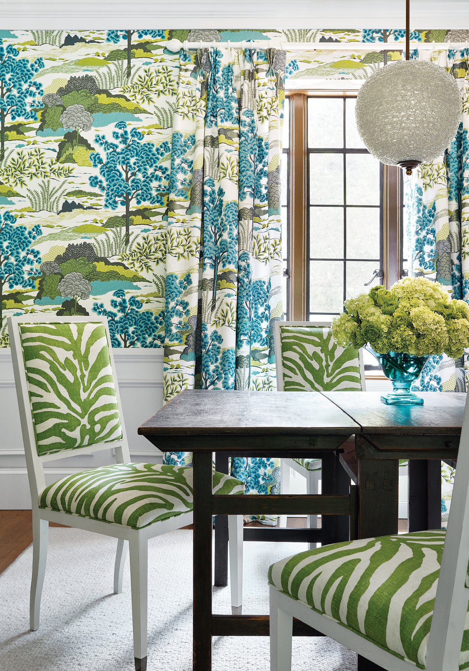 Dining room featuring Daintree fabric in bluemoon color - pattern number F985040 - by Thibaut in the Greenwood collection