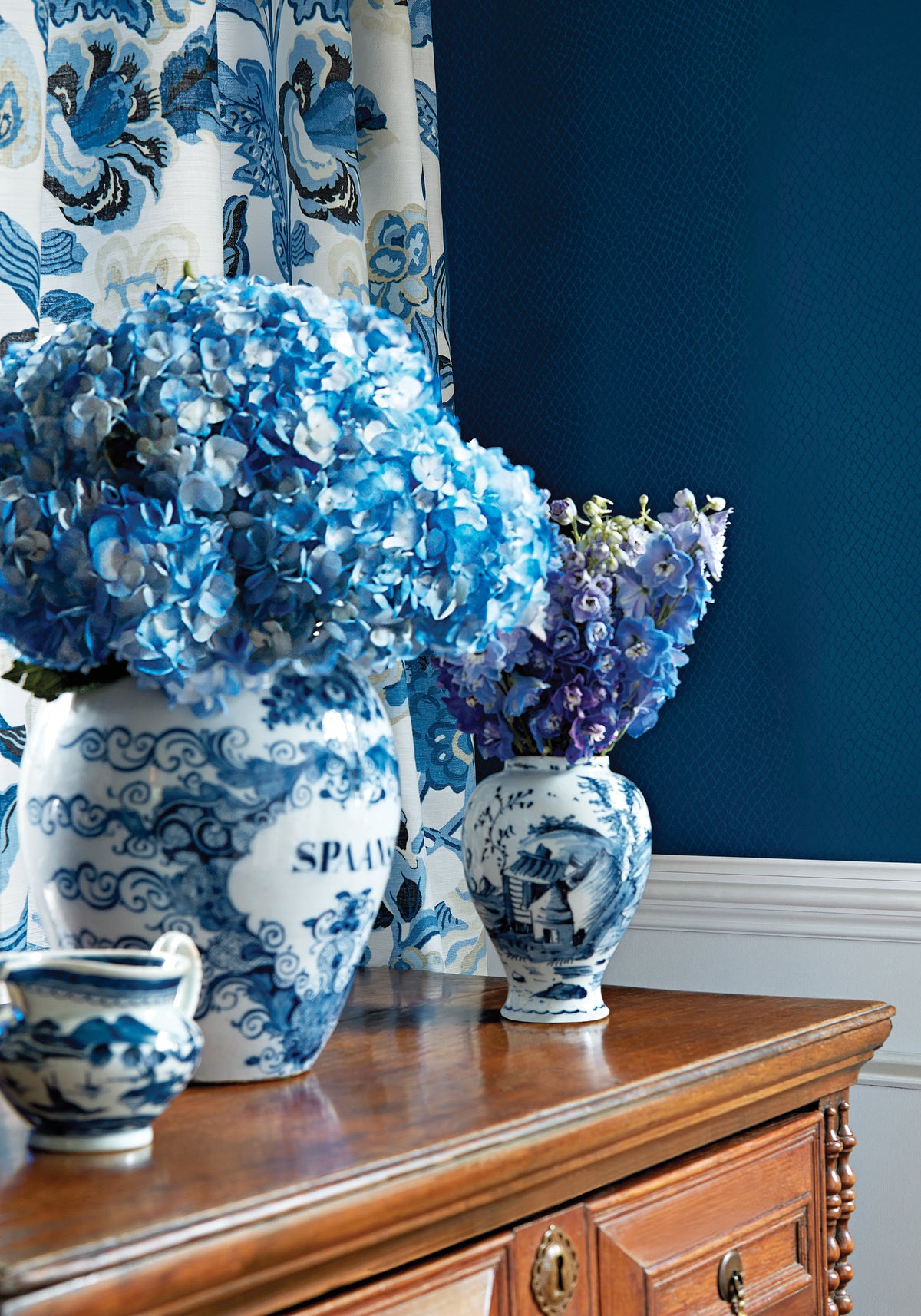 Close view of curtains featuring Navesink fabric in blue and white color - pattern number F985035 - by Thibaut in the Greenwood collection
