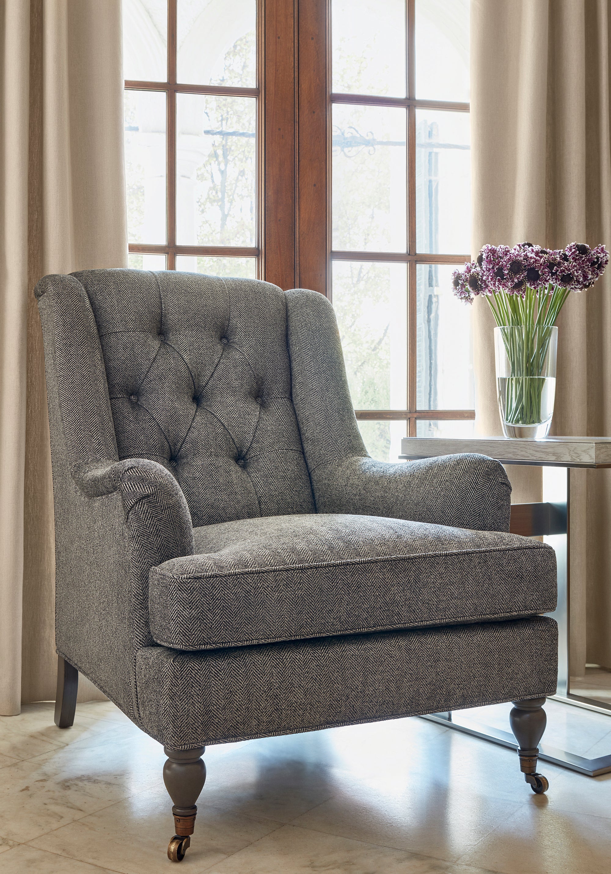 Newport Wing Chair in Hadrian Herringbone woven fabric in charcoal color - pattern number W80713 - by Thibaut in the Woven Resource Vol 11 Rialto collection