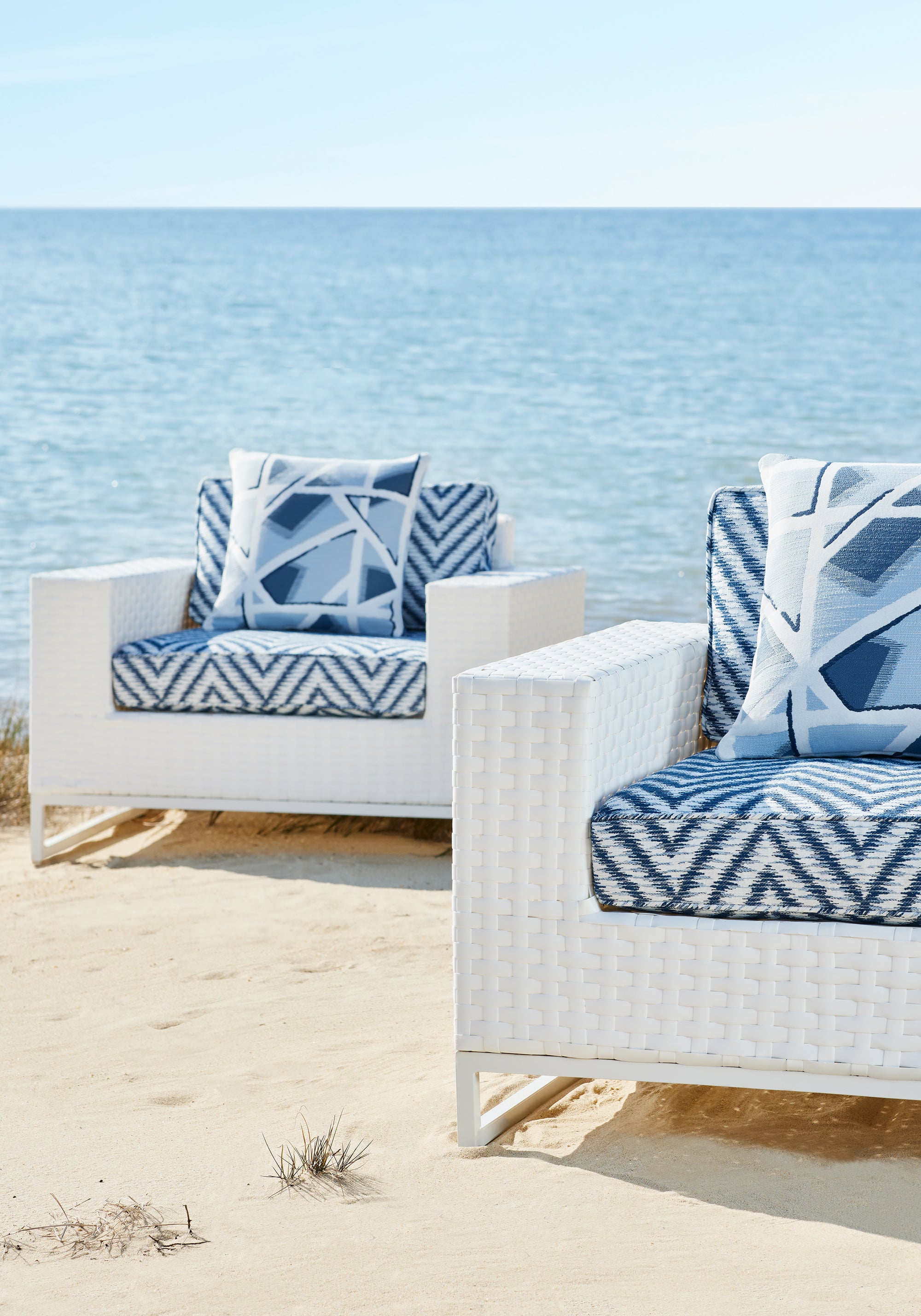 Outdoor chair cushions featuring Aliso fabric in navy color - pattern number W8819 - by Thibaut in the Haven collection