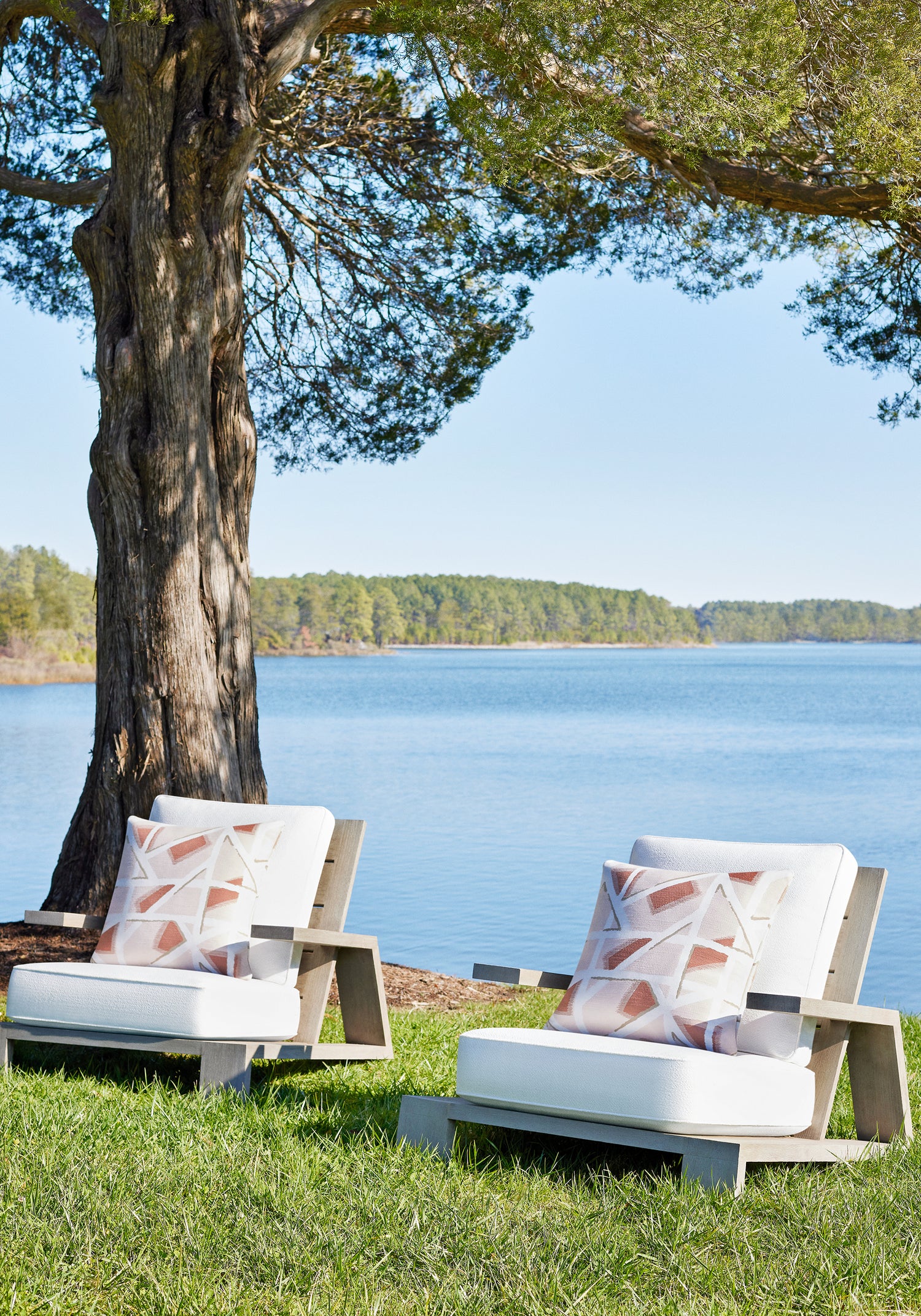 Outdoor chairs featuring Freya fabric in bleach white color - pattern number W8728 - by Thibaut in the Haven Textures collection