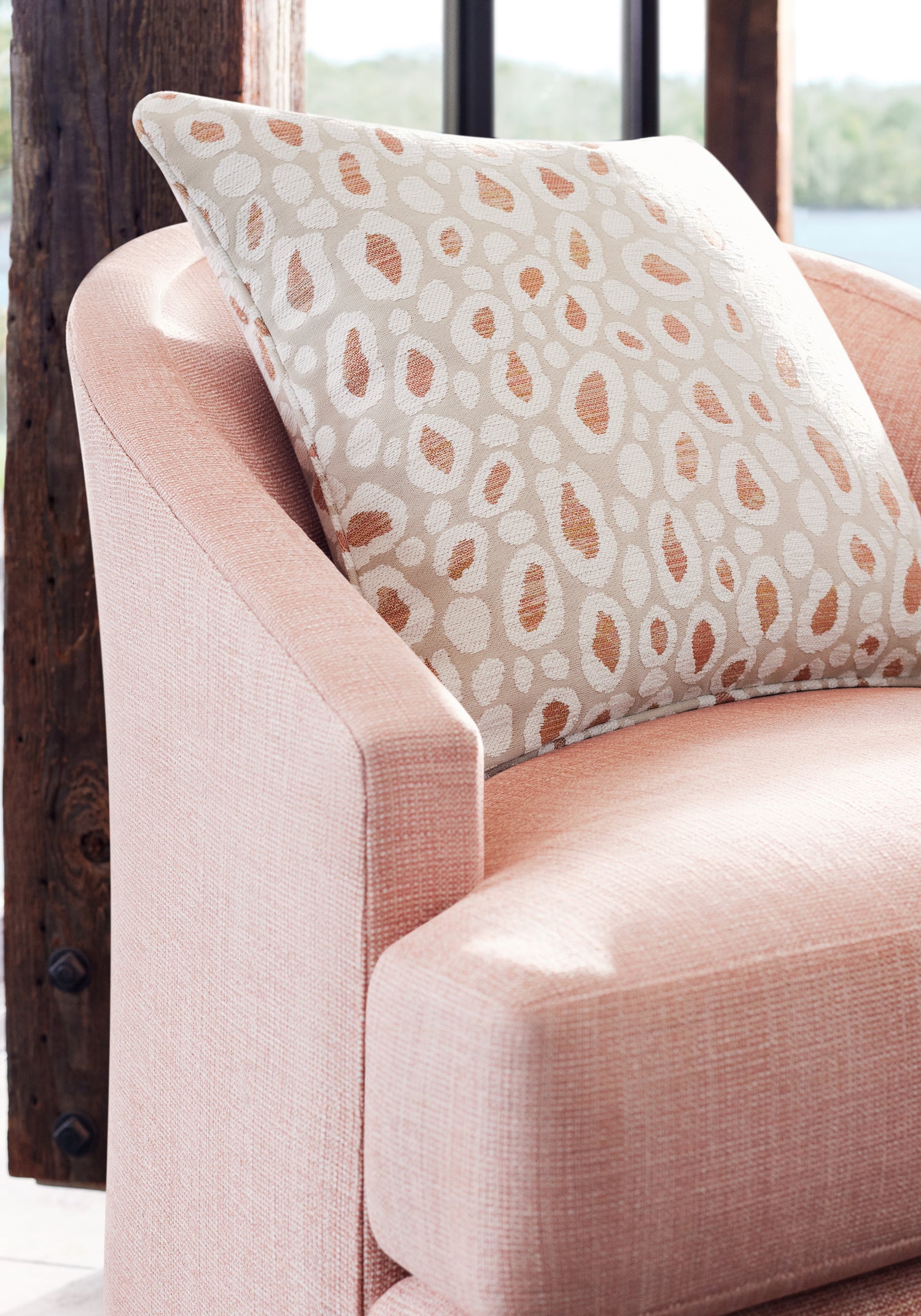 Close view of pillow featuring Kenzo fabric in clay color - pattern number W8825 - by Thibaut in the Haven collection