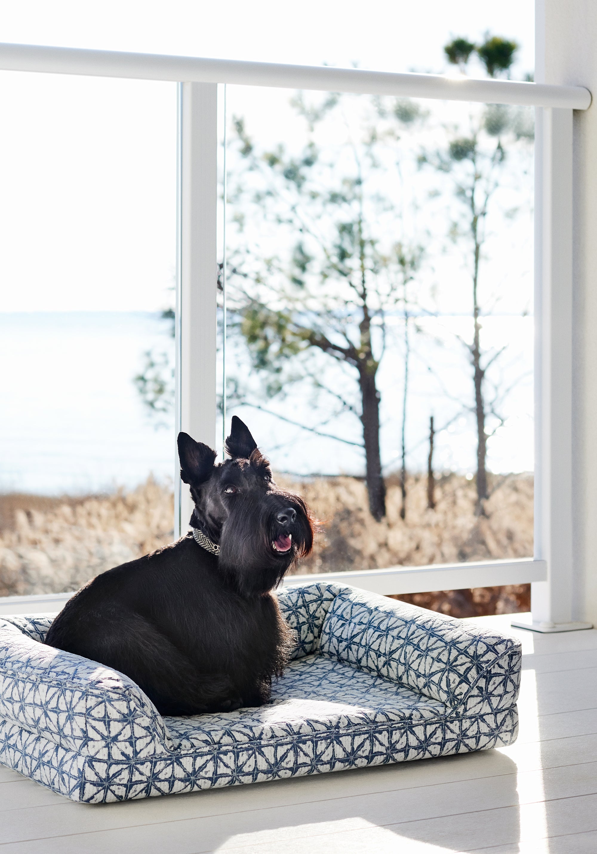 Dog bed featuring Soren fabric in denim color - pattern number W8745 - by Thibaut in the Haven collection