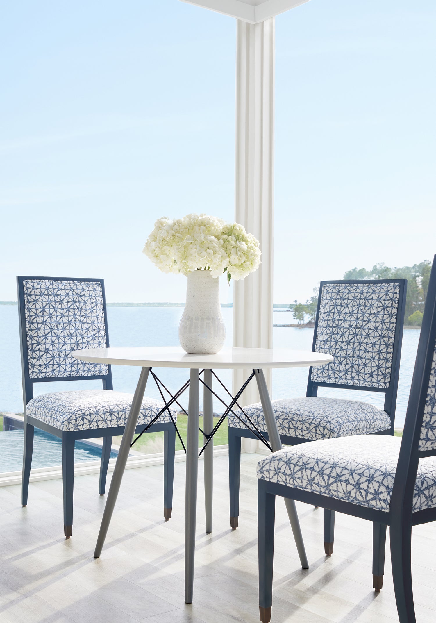 Dining chairs featuring Soren fabric in denim color - pattern number W8745 - by Thibaut in the Haven collection