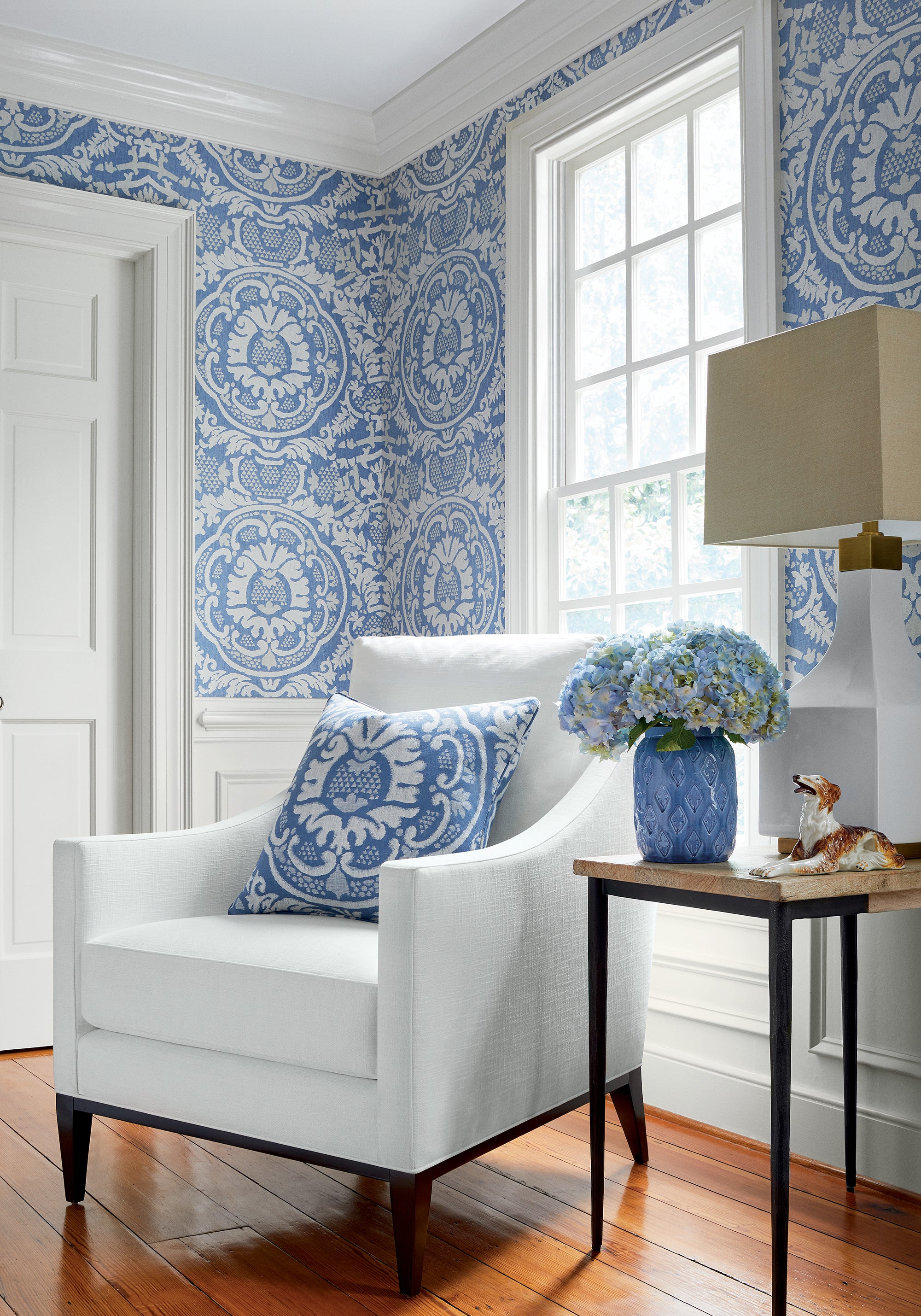 Pillow in Earl Damask woven fabric in blue color amongst blue and white motif - pattern number W710837 by Thibaut in the Heritage collection