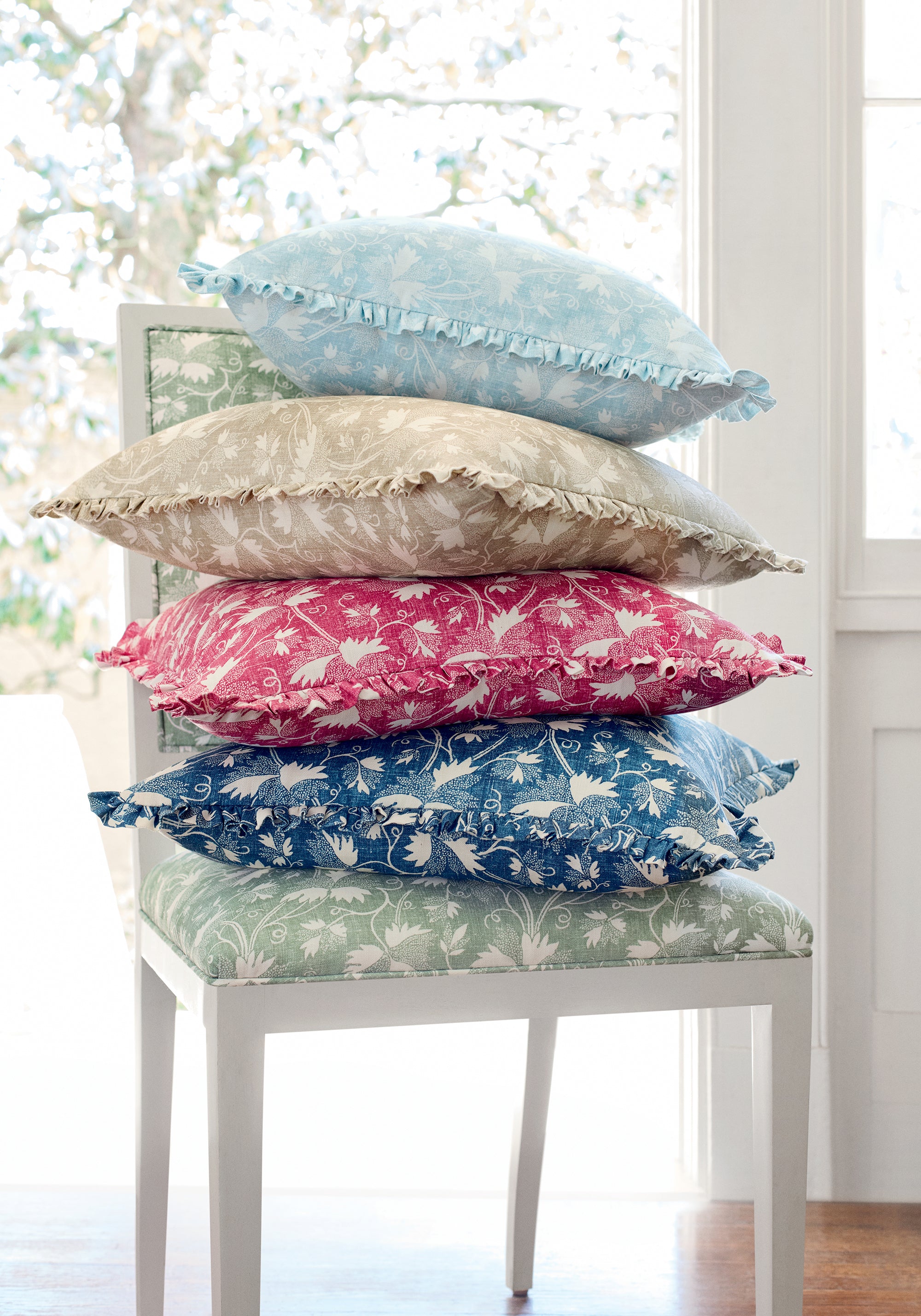 Pillow featuring Chester fabric in raspberry color - pattern number F936434 - by Thibaut in the Indienne collection