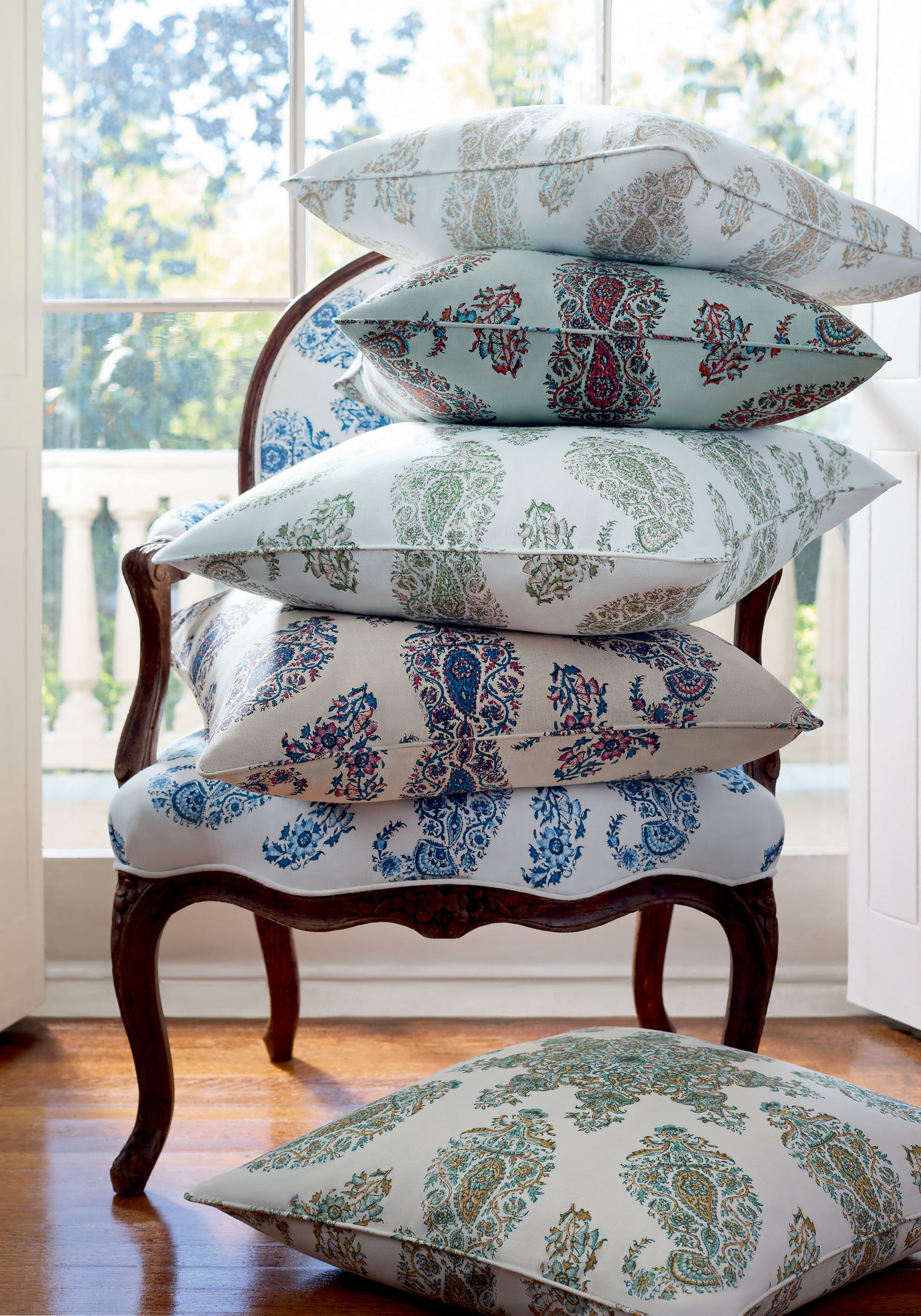 Pillow featuring East India fabric in seaglass color - pattern number F936428 - by Thibaut in the Indienne collection
