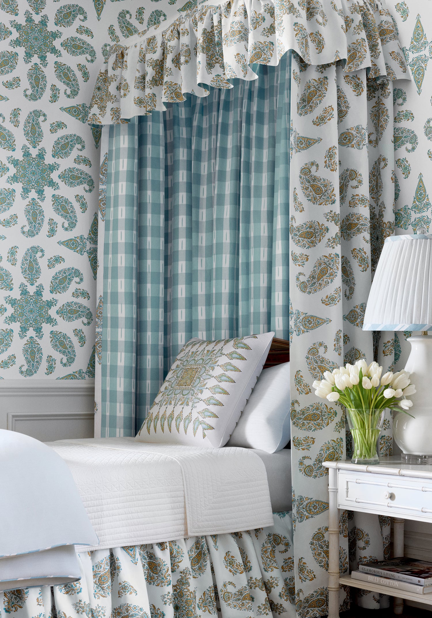 Detailed view of Bed canopy and skirt featuring East India fabric in seaglass color - pattern number F936428 - by Thibaut in the Indienne collection