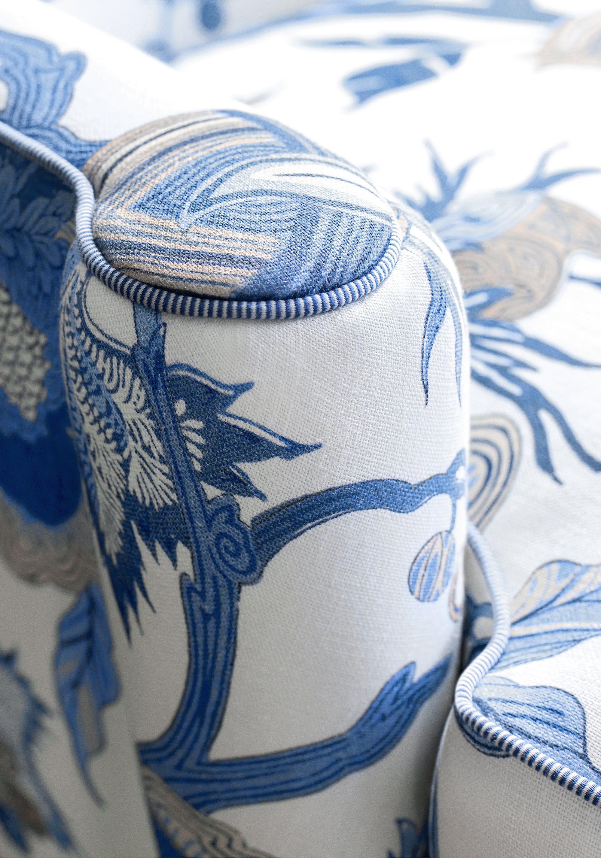 Armrest featuring Indienne Jacobean fabric in blue and white color - pattern number F936418 - by Thibaut in the Indienne collection