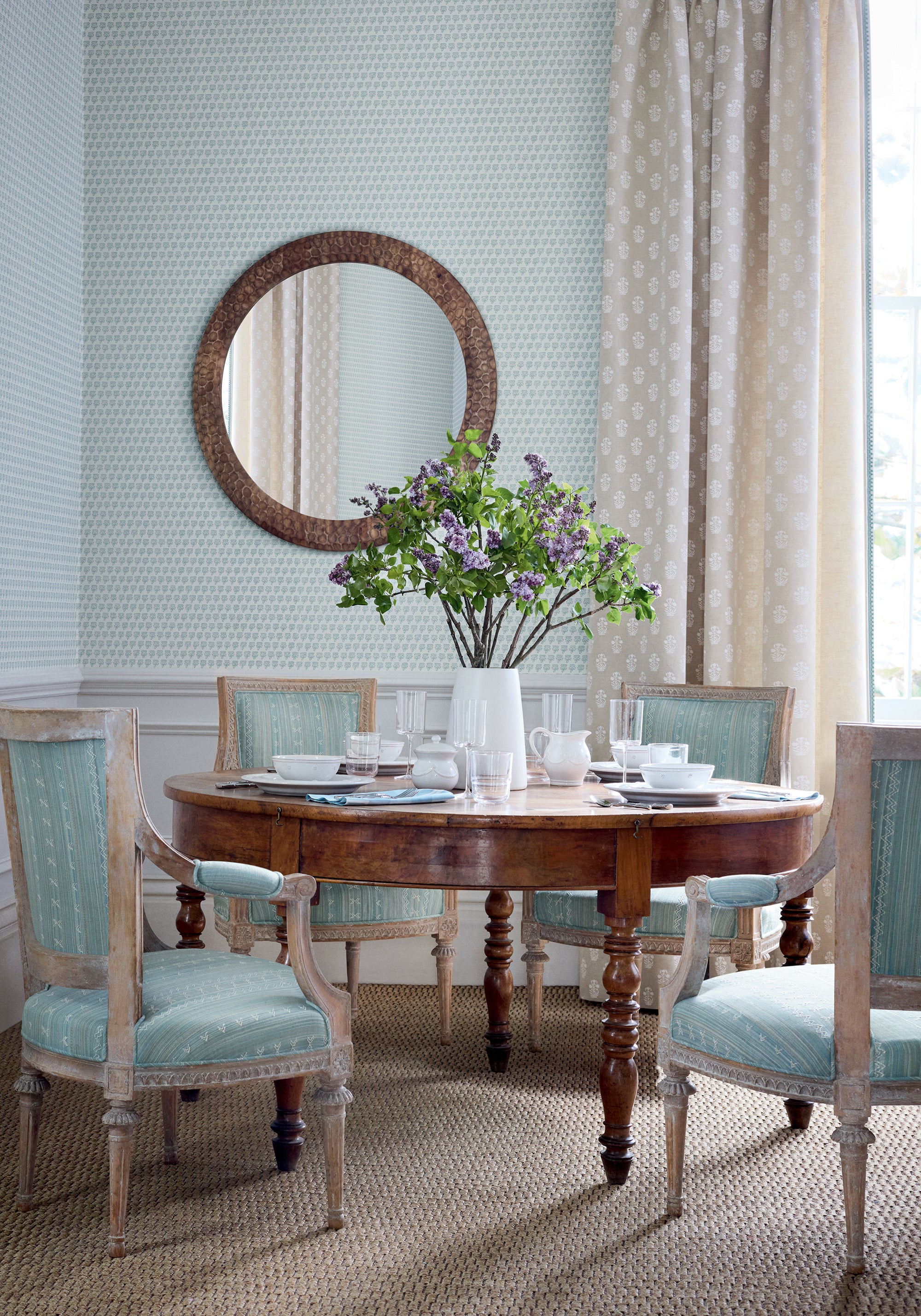 Dining room chairs featuring Charter Stripe Embroidery fabric in seaglass color - pattern number W736455 - by Thibaut in the Indienne collection