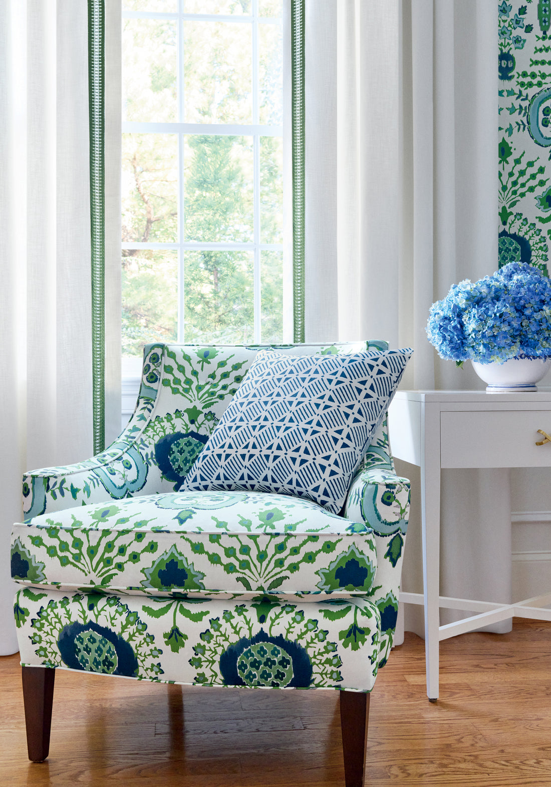 Emerson Chair in Mendoza Suzani fabric in blue and green on white color - pattern number F916240 - by Thibaut in the Kismet collection