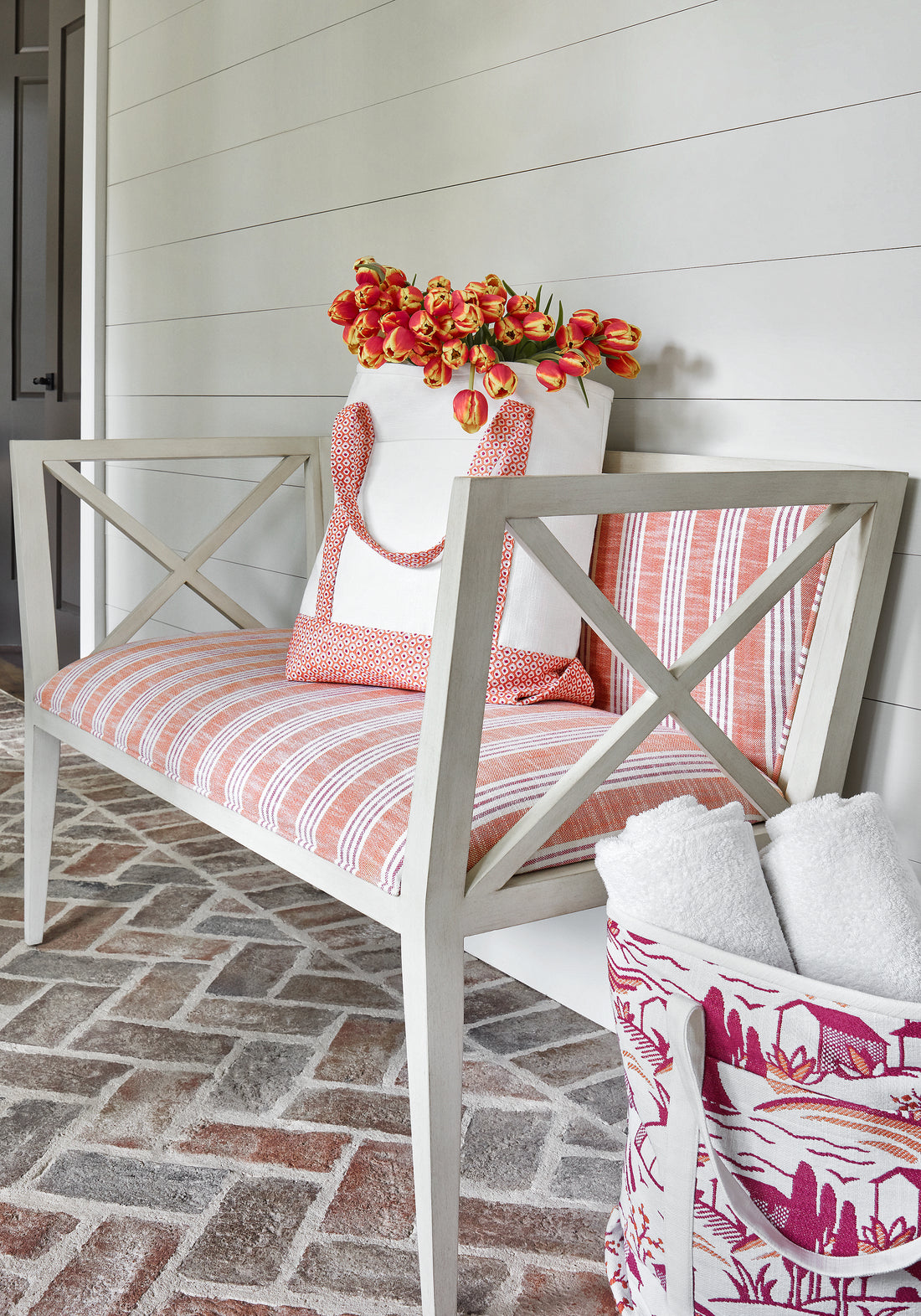 Lenox Bench in Southport Stripe woven fabric in coral and peony color - pattern number W73491 by Thibaut in the Landmark collection