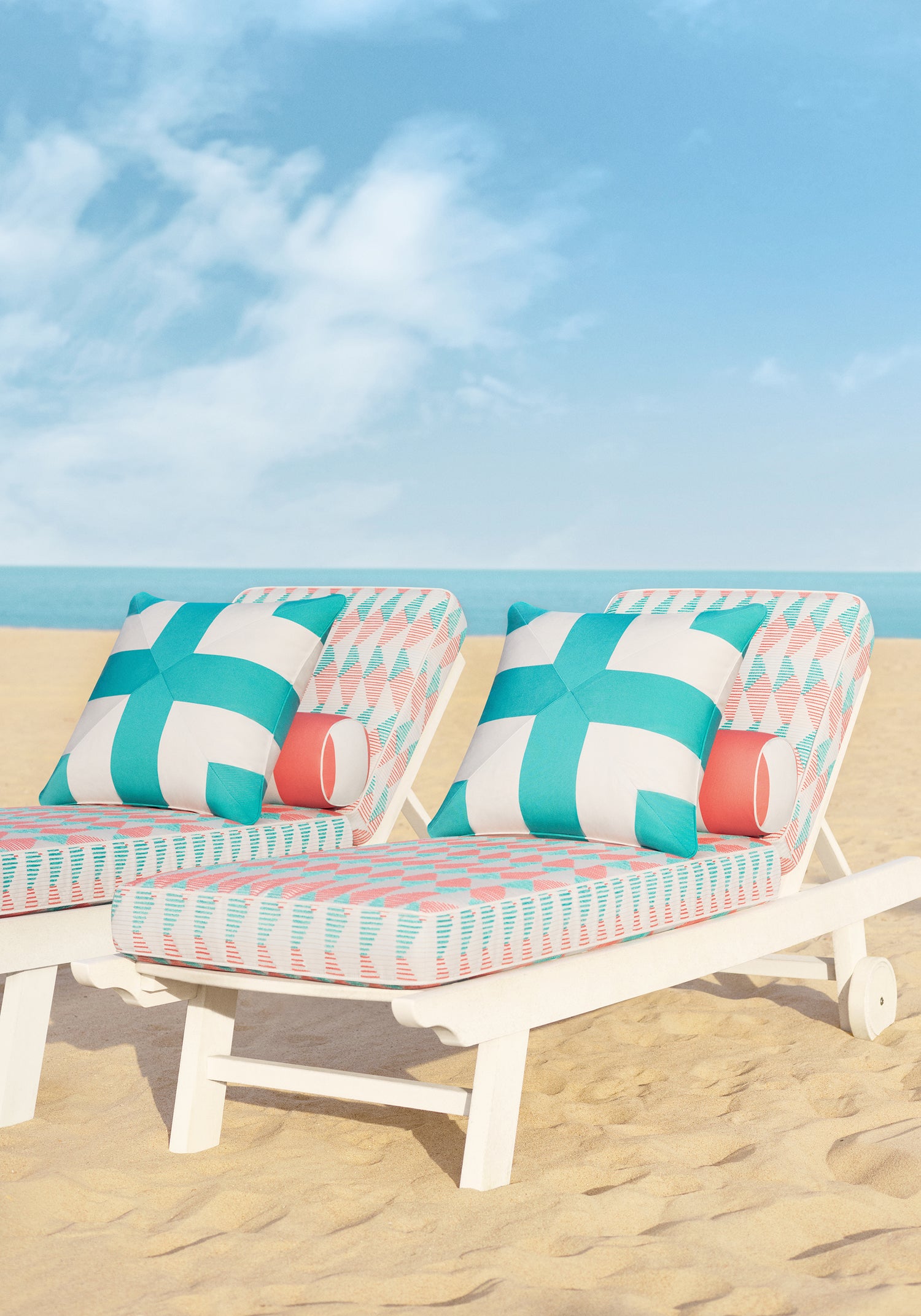 Beach lounge chairs in Harper fabric in capri and coral color - pattern number W81600 - by Thibaut in the Locale collection