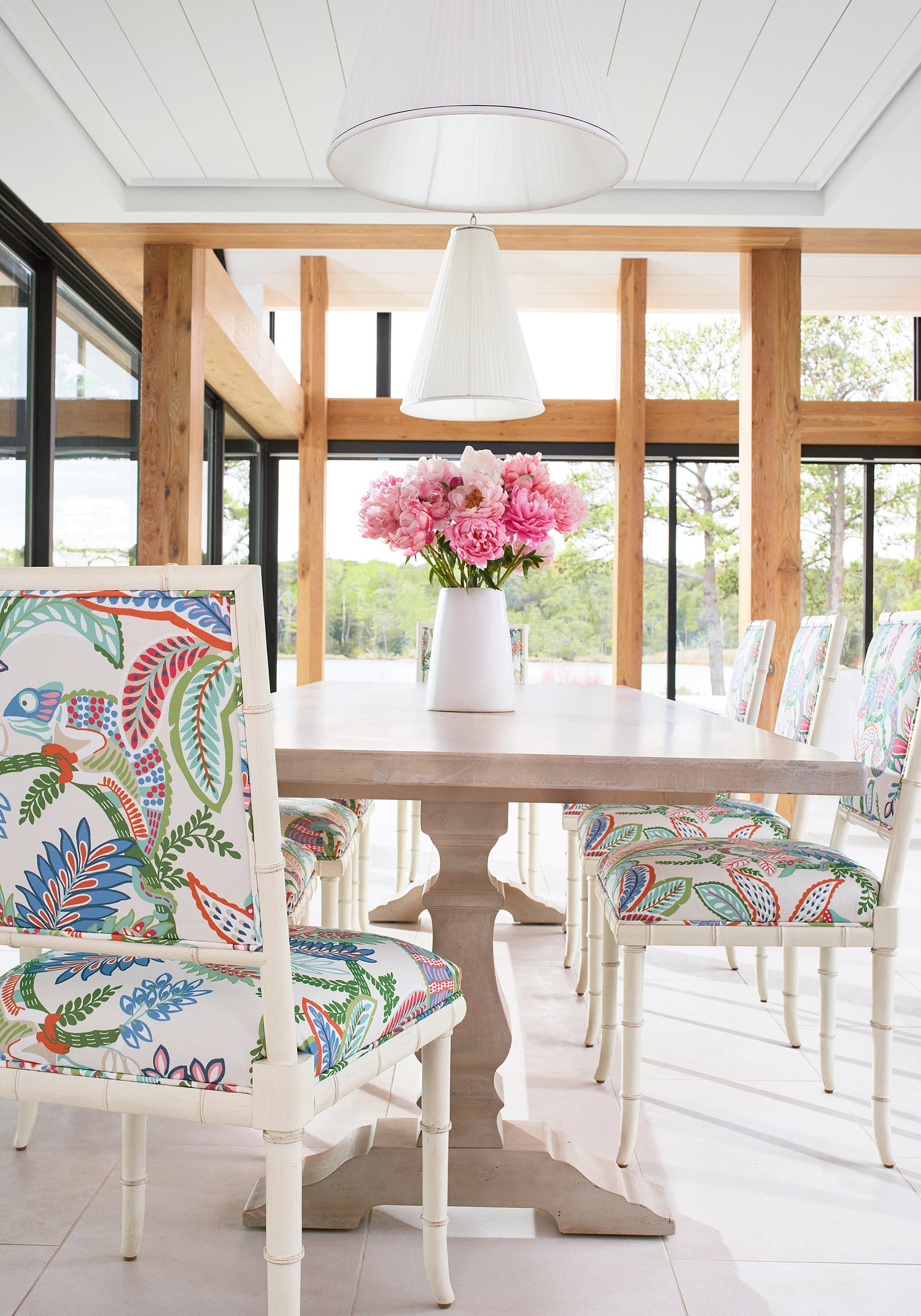 Darien Dining Chairs in Iggy printed fabric in Island color by Thibaut
