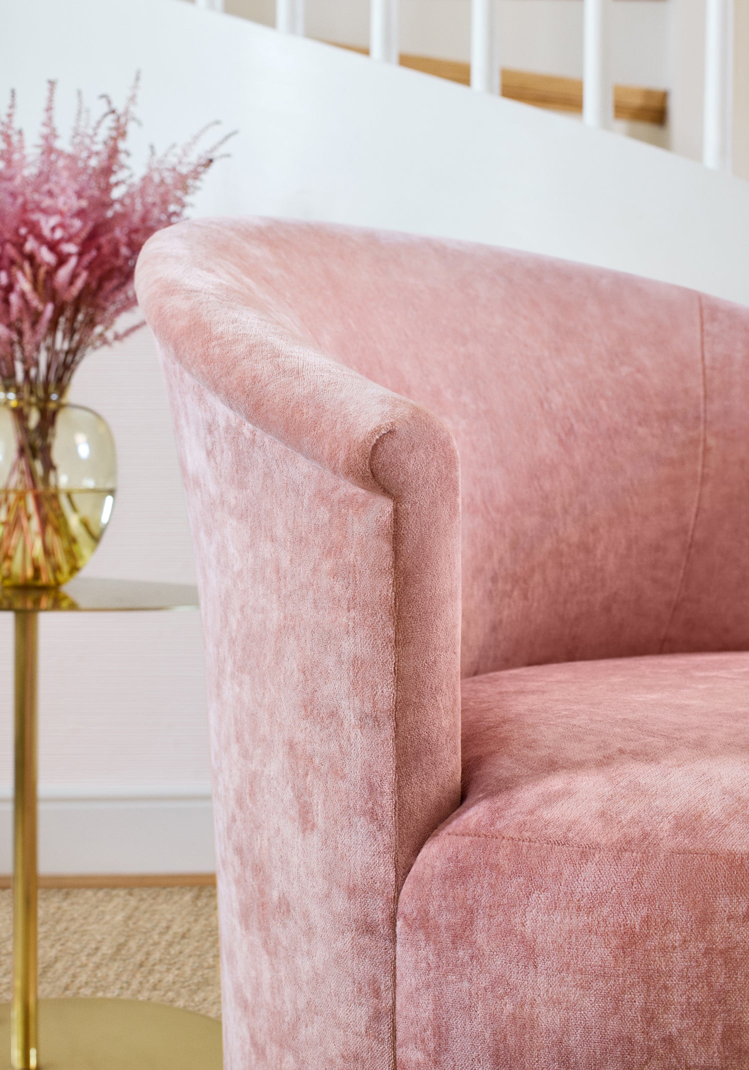 Side chair upholstered in Chair upholstered Celeste Velvet fabric in blush color - pattern number W8969 - by Thibaut in the Lyra Velvets collection
