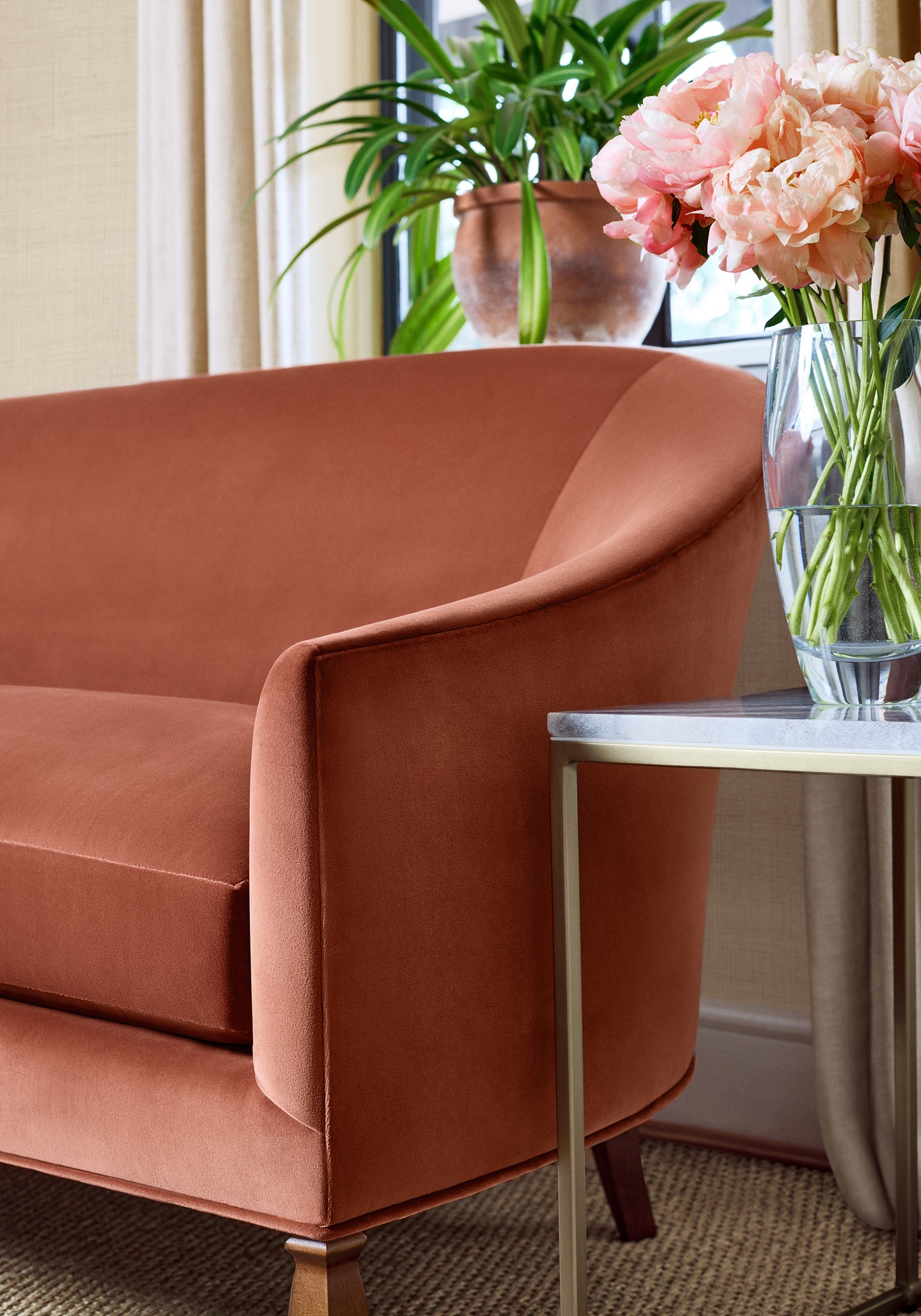 Half Sofa in Lyra Velvet fabric in copper color - pattern number W8904 - by Thibaut in the Lyra Velvets collection