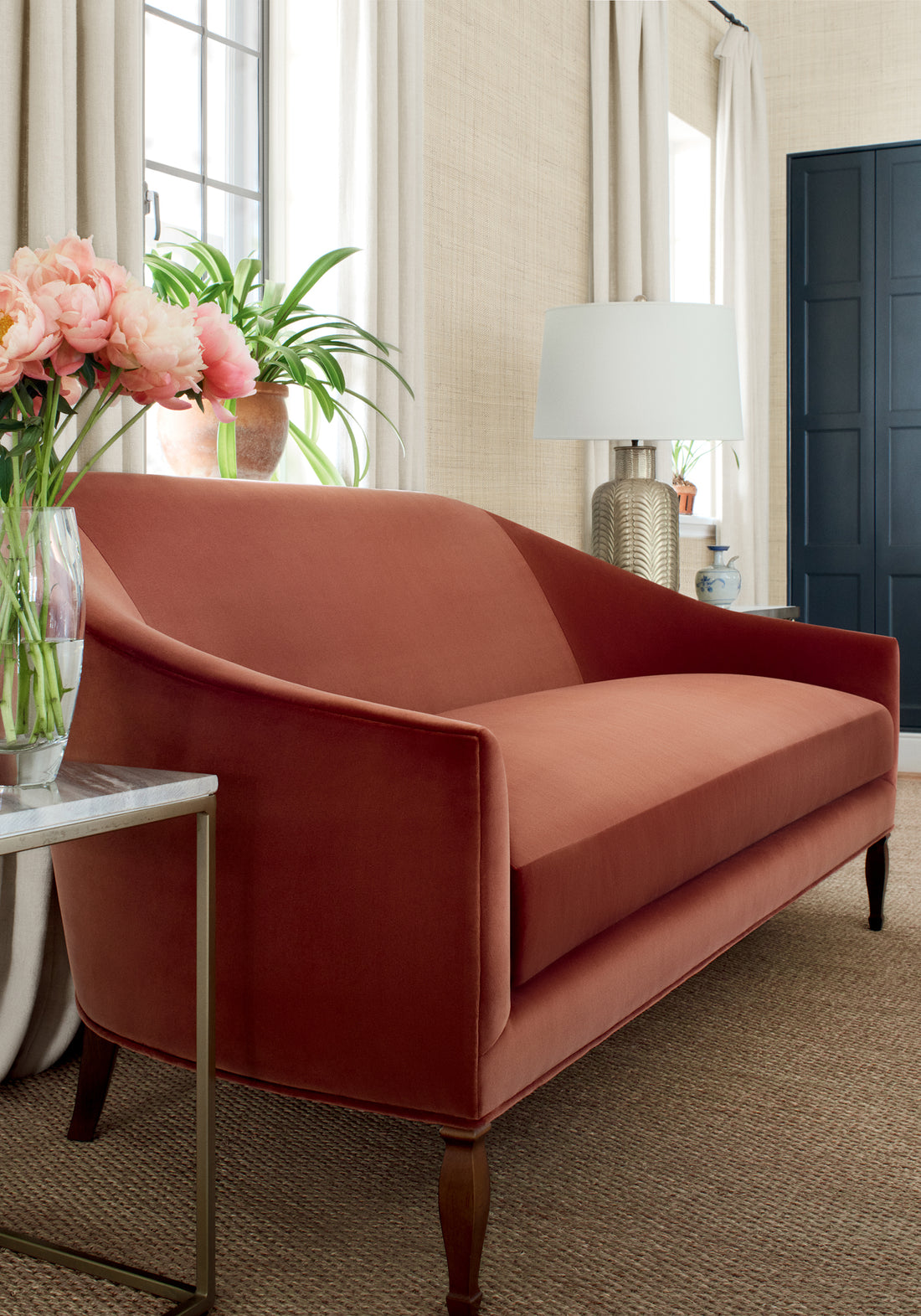 Sofa in Lyra Velvet fabric in copper color - pattern number W8904 - by Thibaut in the Lyra Velvets collection