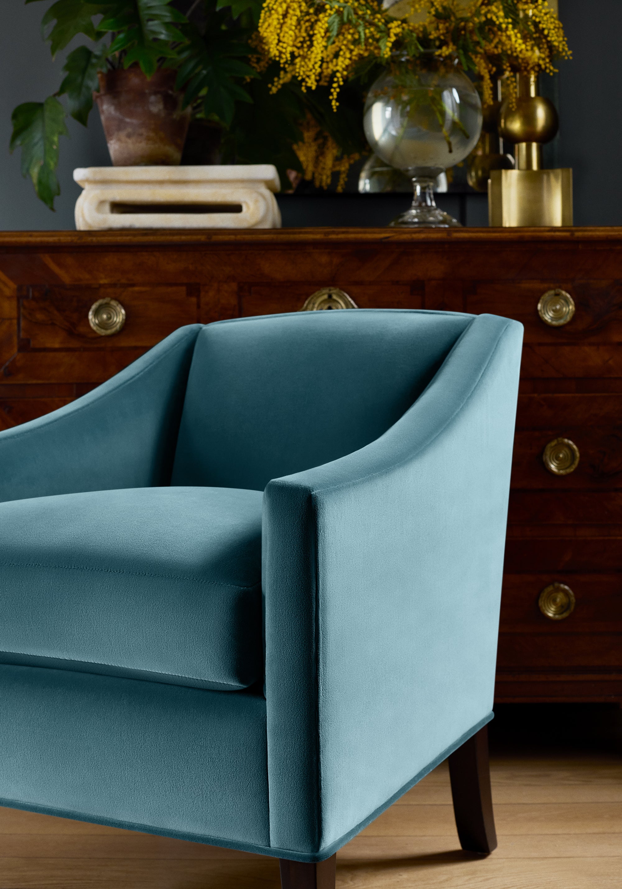 Dining chair in Lyra Velvet fabric in peacock color - pattern number W8919 - by Thibaut in the Lyra Velvets collection