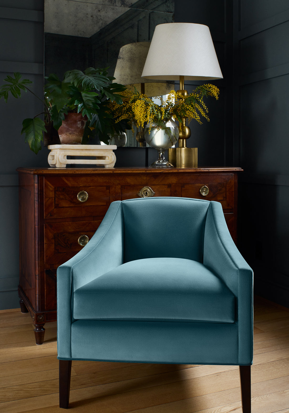 Chair in Lyra Velvet fabric in peacock color - pattern number W8919 - by Thibaut in the Lyra Velvets collection