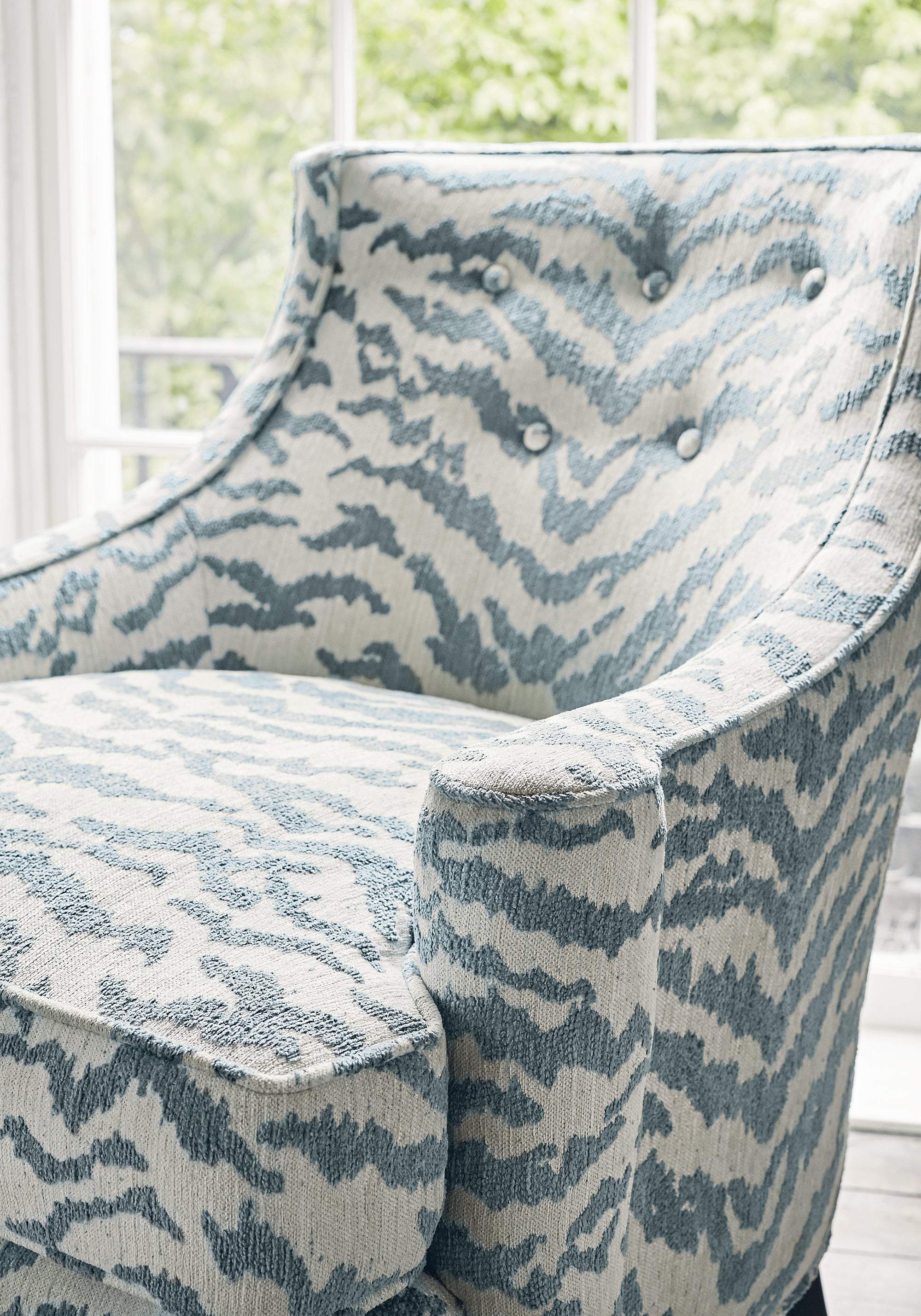 Detailed view of Emerson Chair in Aja woven fabric in mineral color - pattern number W80448 by Thibaut in the Woven Resource Vol 10 Menagerie collection
