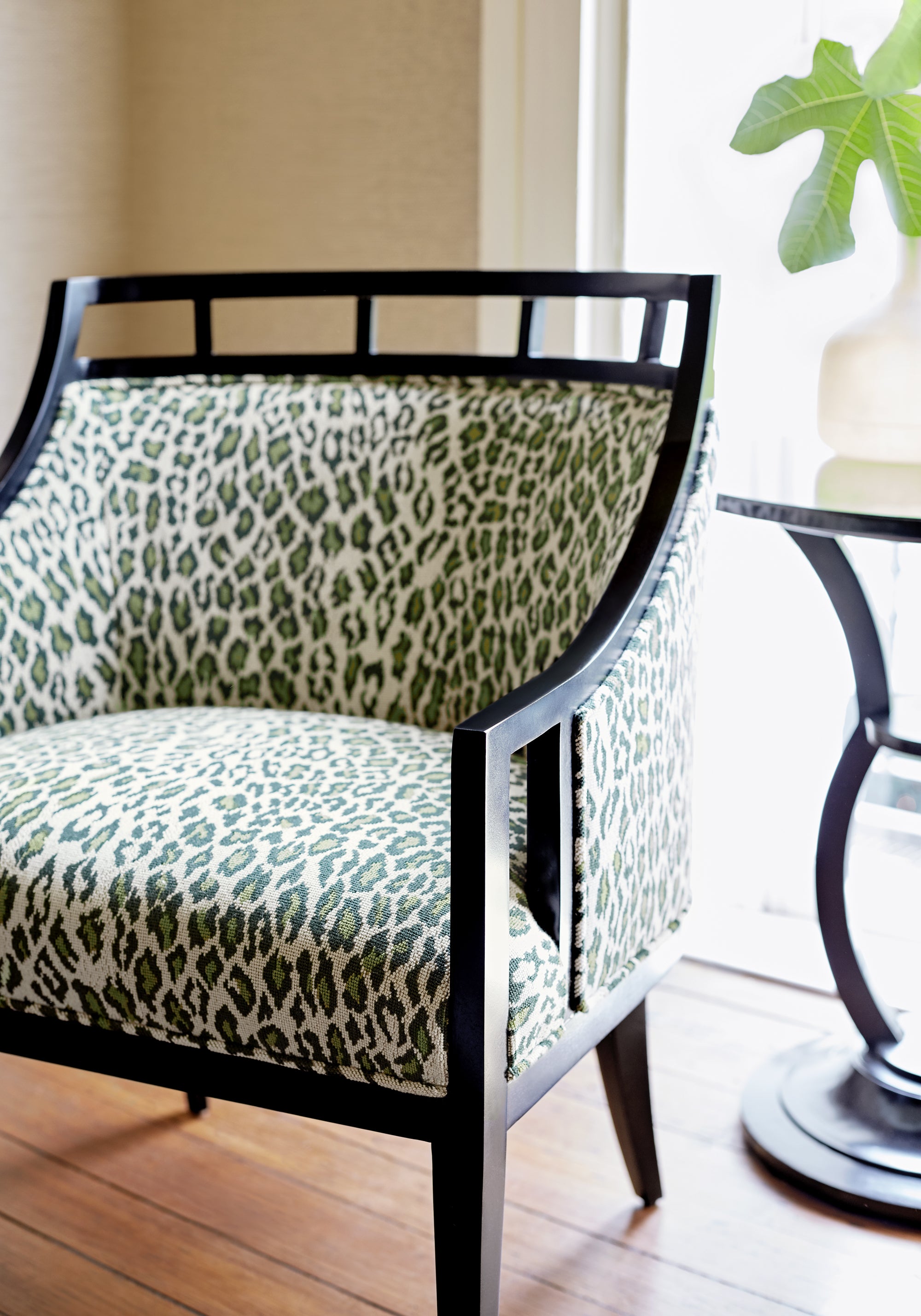 Detailed view of Malibu Chair in Amur woven fabric in emerald green color - pattern number W80433 by Thibaut in the Woven Resource Vol 10 Menagerie collection